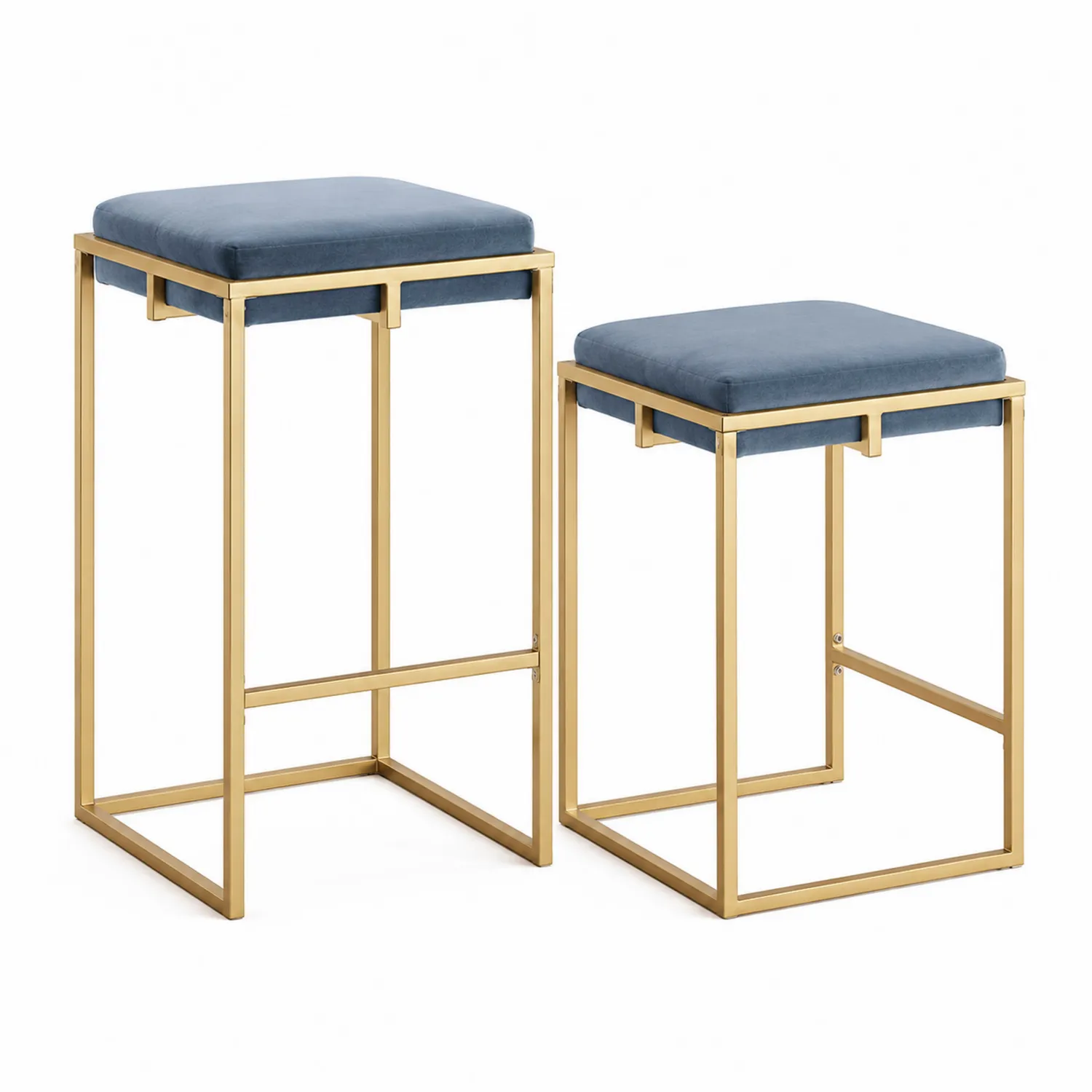 2er Set Barhocker Samt Metall Blau und Gold