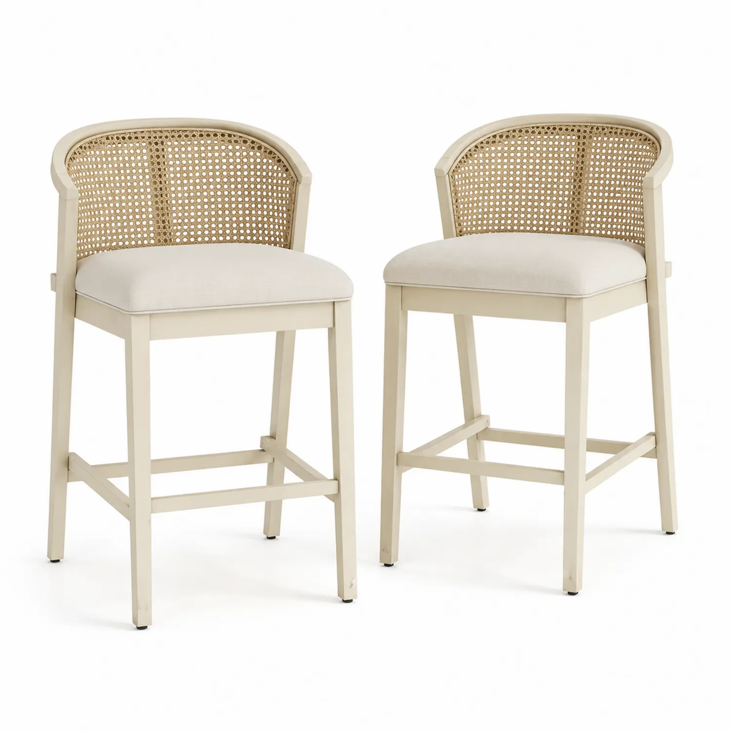 Set aus Barhockern mit Holzrahmen, Rattangeflecht und Leinenpolster in Beige