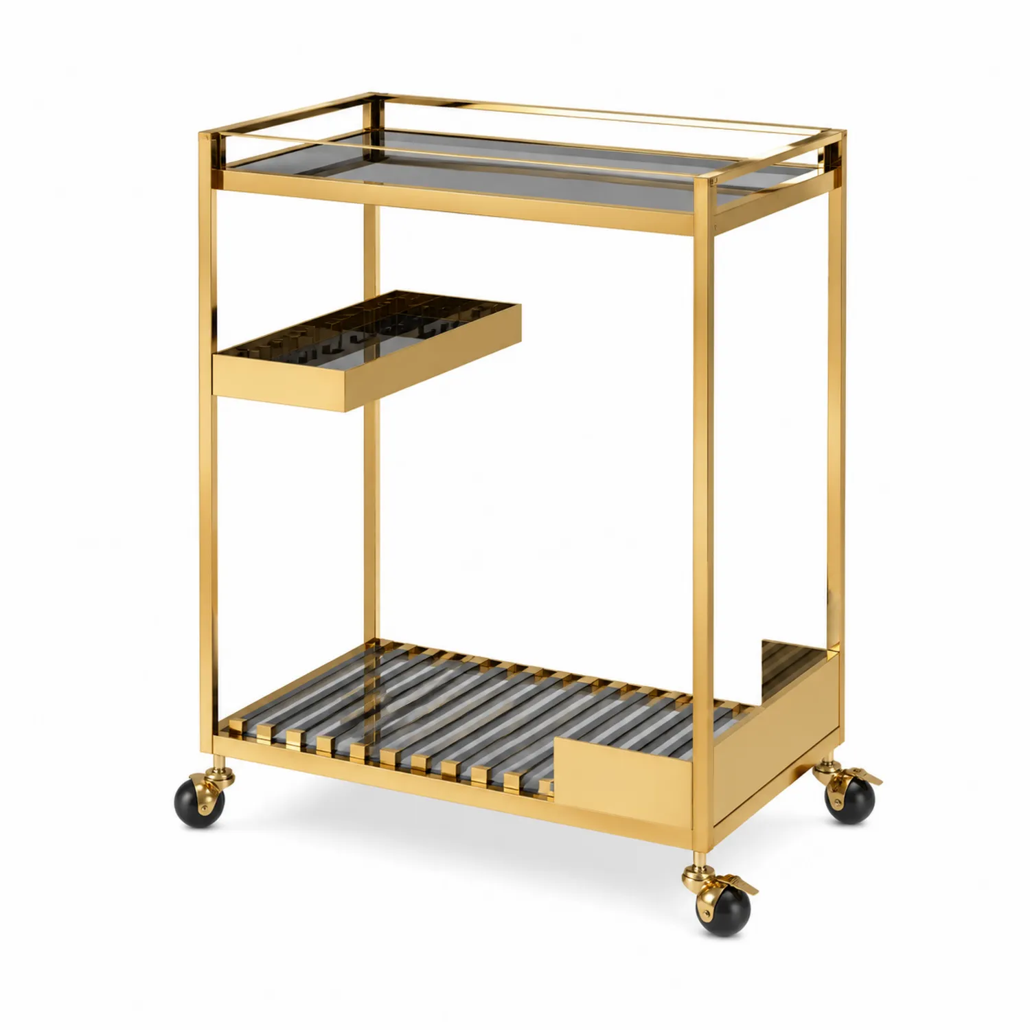Getränkewagen aus Metall und Glas, Goldfarben mit Rollen
