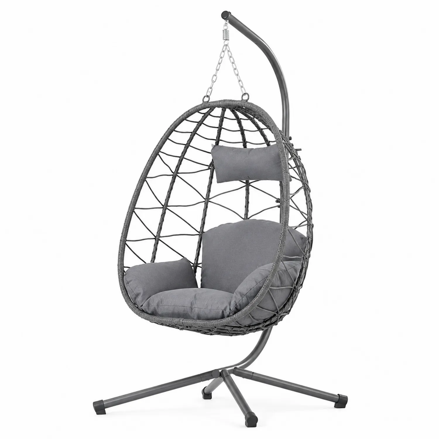 Hängesessel Ei-Form Stahl Grau Polyrattan mit Standfuß