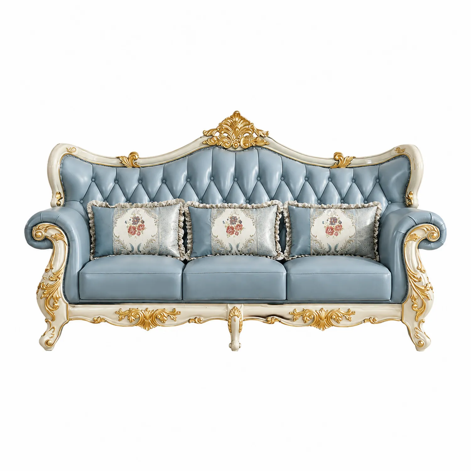 Dreisitzer-Sofa aus PU-Leder mit Holzrahmen und Zierkissen