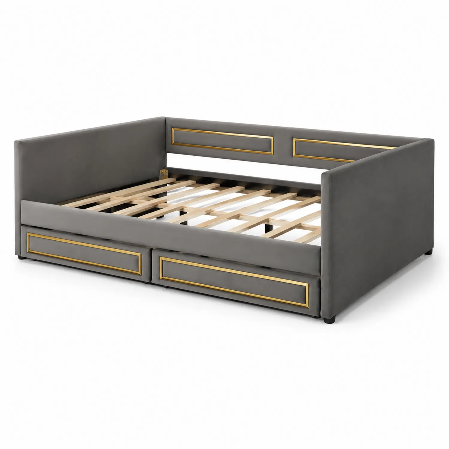 Daybed Bettgestell Samt mit Schubladen Grau/Gold 200x90 cm