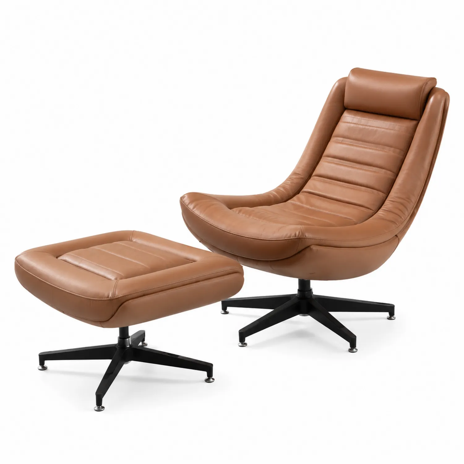 Echtleder Loungesessel Set Braun mit Fußhocker