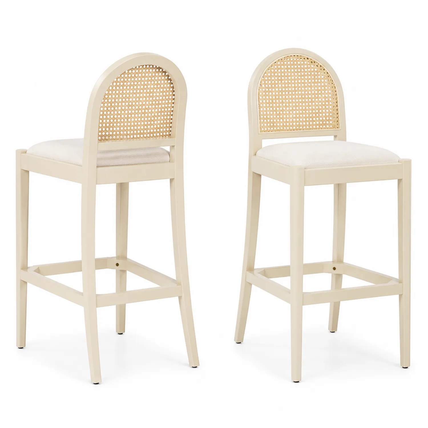 2er Set Barhocker Holz Beige Polster Rattan Rückenlehne