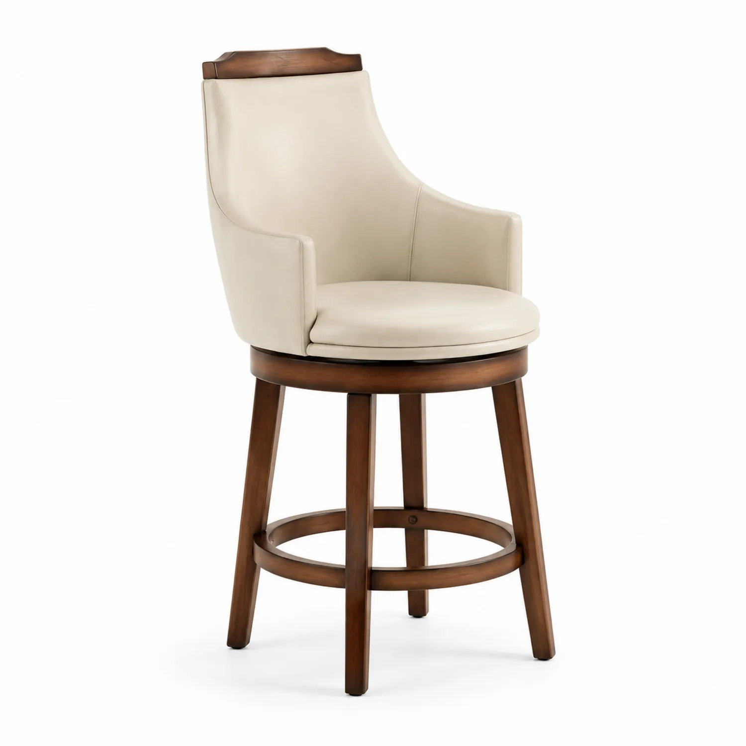 Drehbarer Hocker mit Massivholz und PU-Leder in Creme