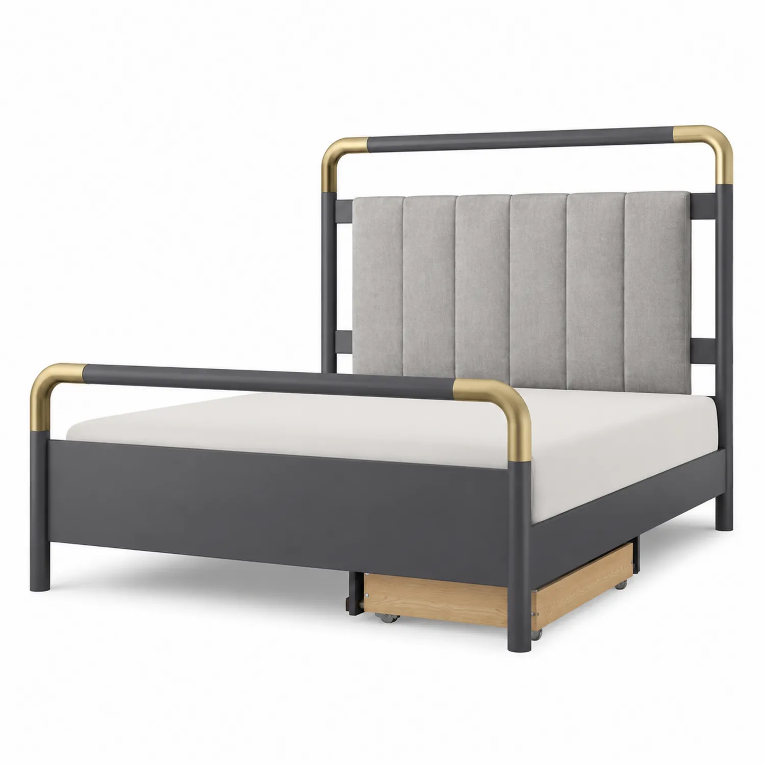 Metallbett mit Stauraum und gepolstertem Kopfteil 200x140 cm Stahl Rahmen Grau/Gold