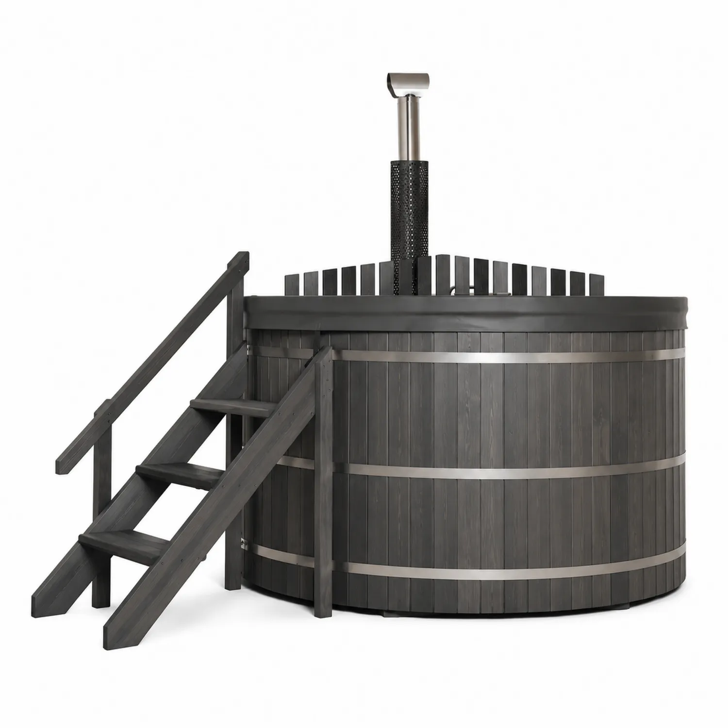 Runder Whirlpool aus Thermoholz mit Edelstahl Ofen und Treppe Dunkelgrau