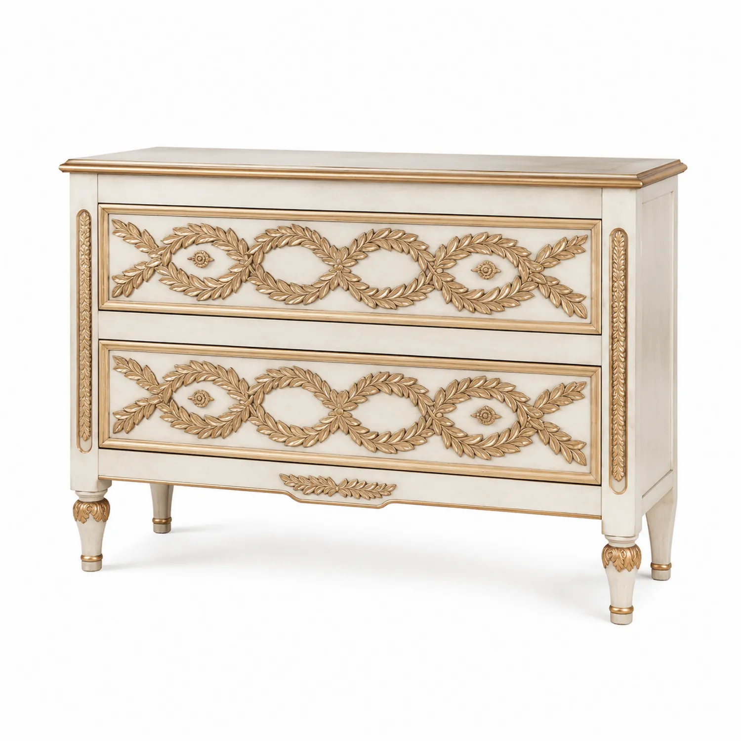 Holz Kommode mit 2 Schubladen in Beige/Gold 90x40x85 cm