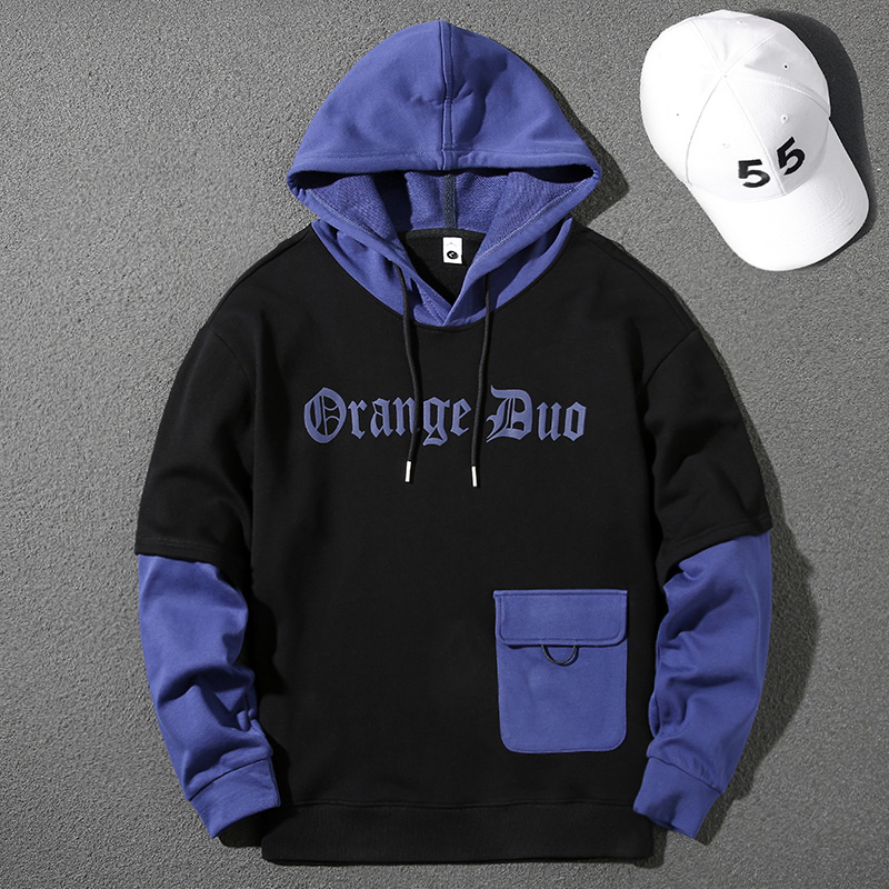 Handsome heavyweight gray fake two-piece 2023 spring, autumn and winter hooded large size top loose pullover long-sleeved sweatshirt for men