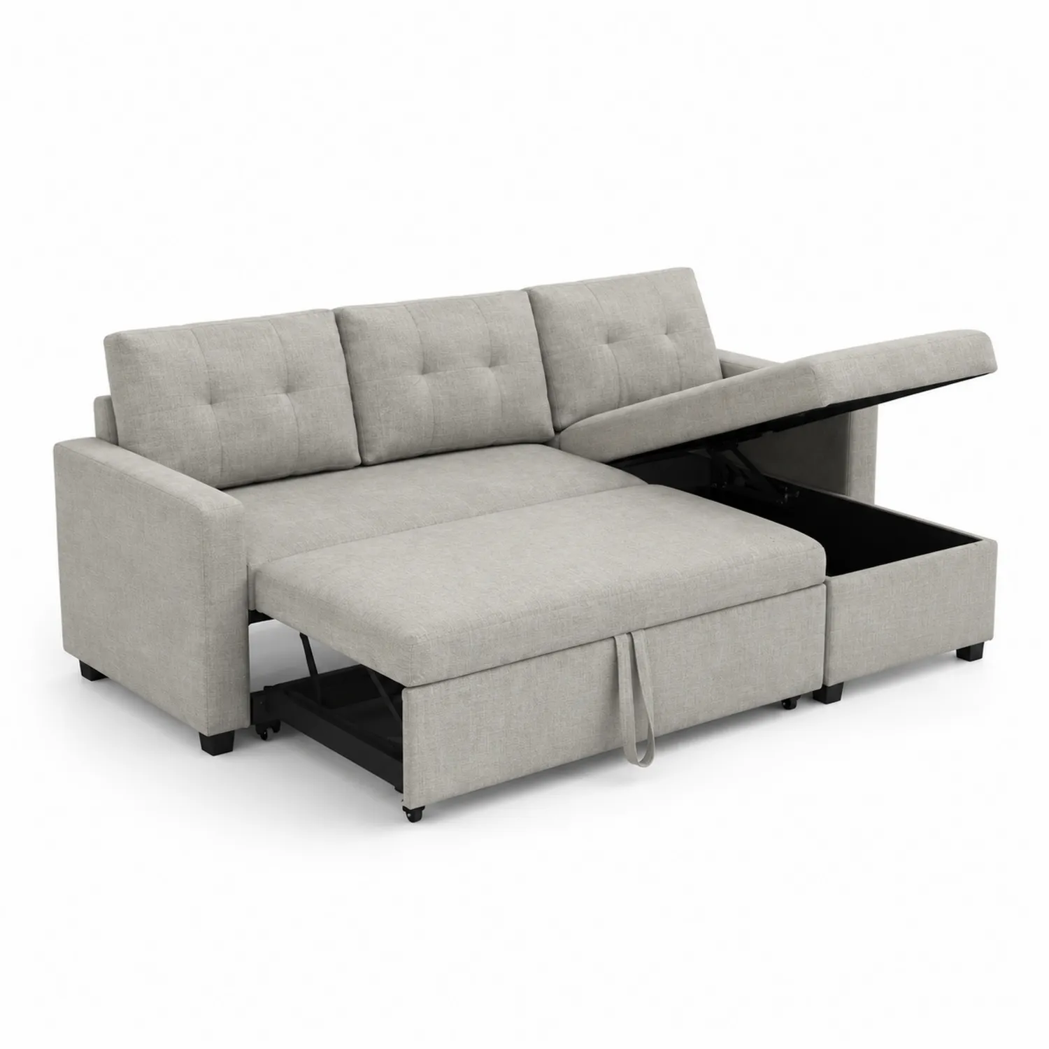 Sofa rozkładana 3-osobowa z szarą tkaniną lnianą i schowkiem