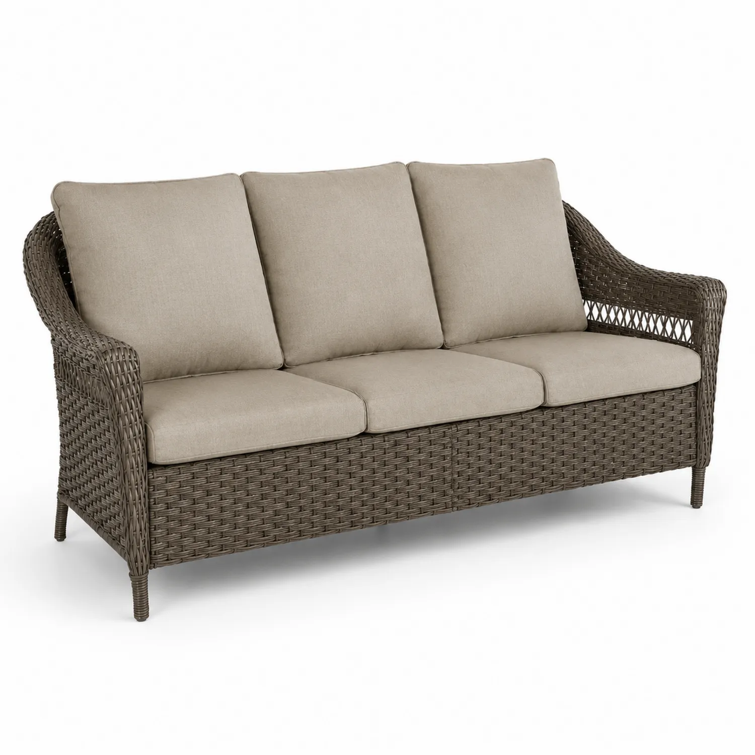 Sofa Ogrodowa Trzyosobowa z Technorattanu Brązowa z Beżowymi Poduszkami