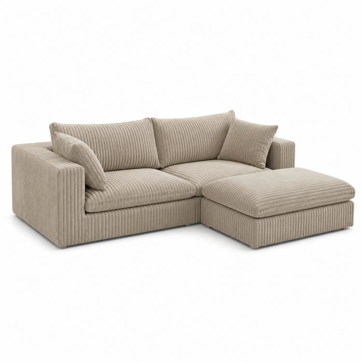 Beżowa sofa narożna z tkaniny sztruksowej z szezlongiem