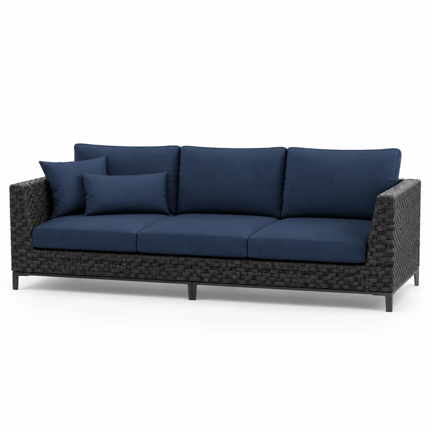 Sofa ogrodowa 3-osobowa z technorattanu z granatowymi poduszkami
