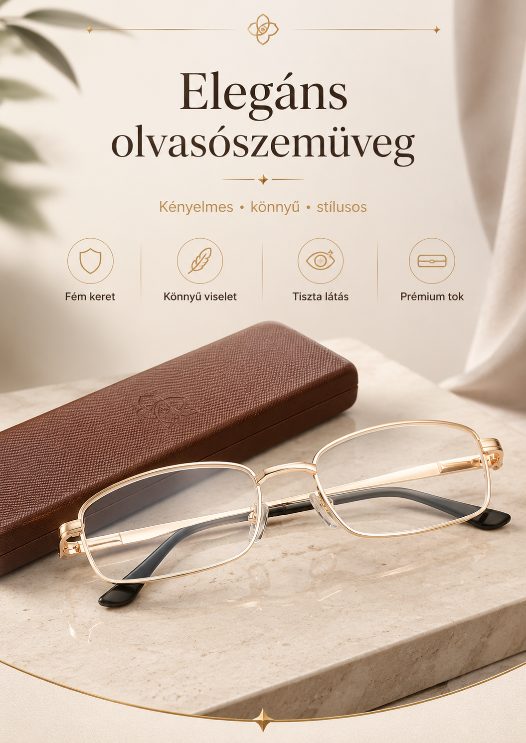 Új típusú olvasószemüveg közelre és távolra látásra, fémkeretes, bifokális, közelre és távolra is alkalmas, férfiaknak és nőknek, hozzá illő tokkal.