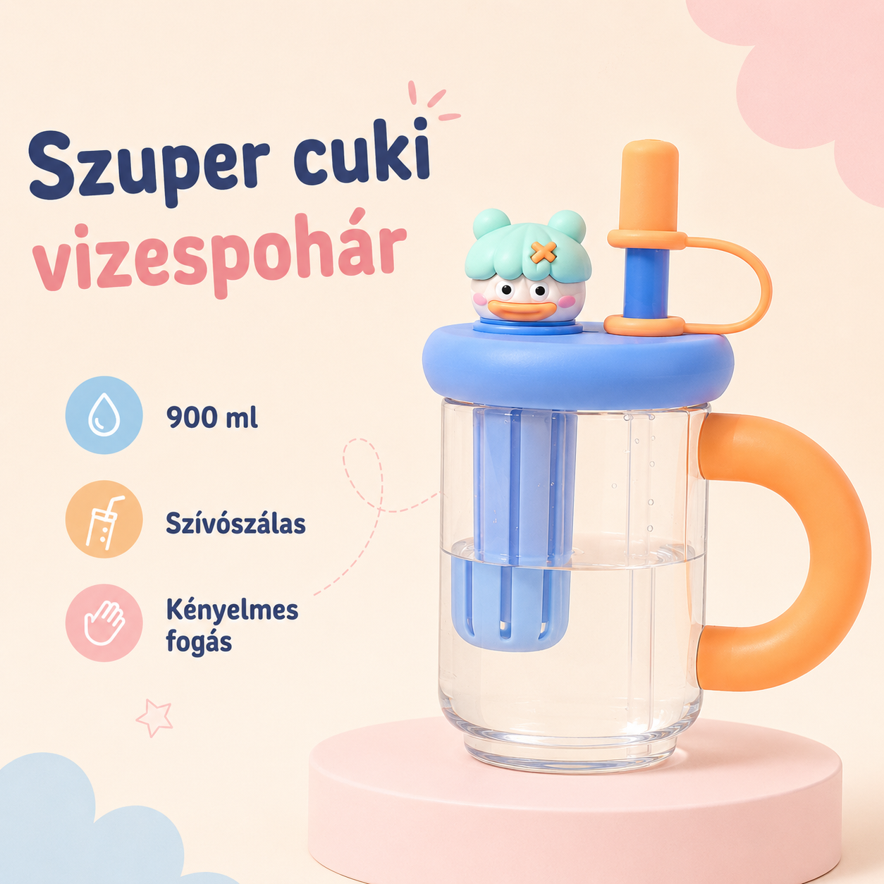 Szívószálas pohár, jéghideg pohár, teáskanna, nagy kapacitású nyári vizespohár, női, magas hőmérsékletnek ellenálló, nagy értékű műanyag pohár.