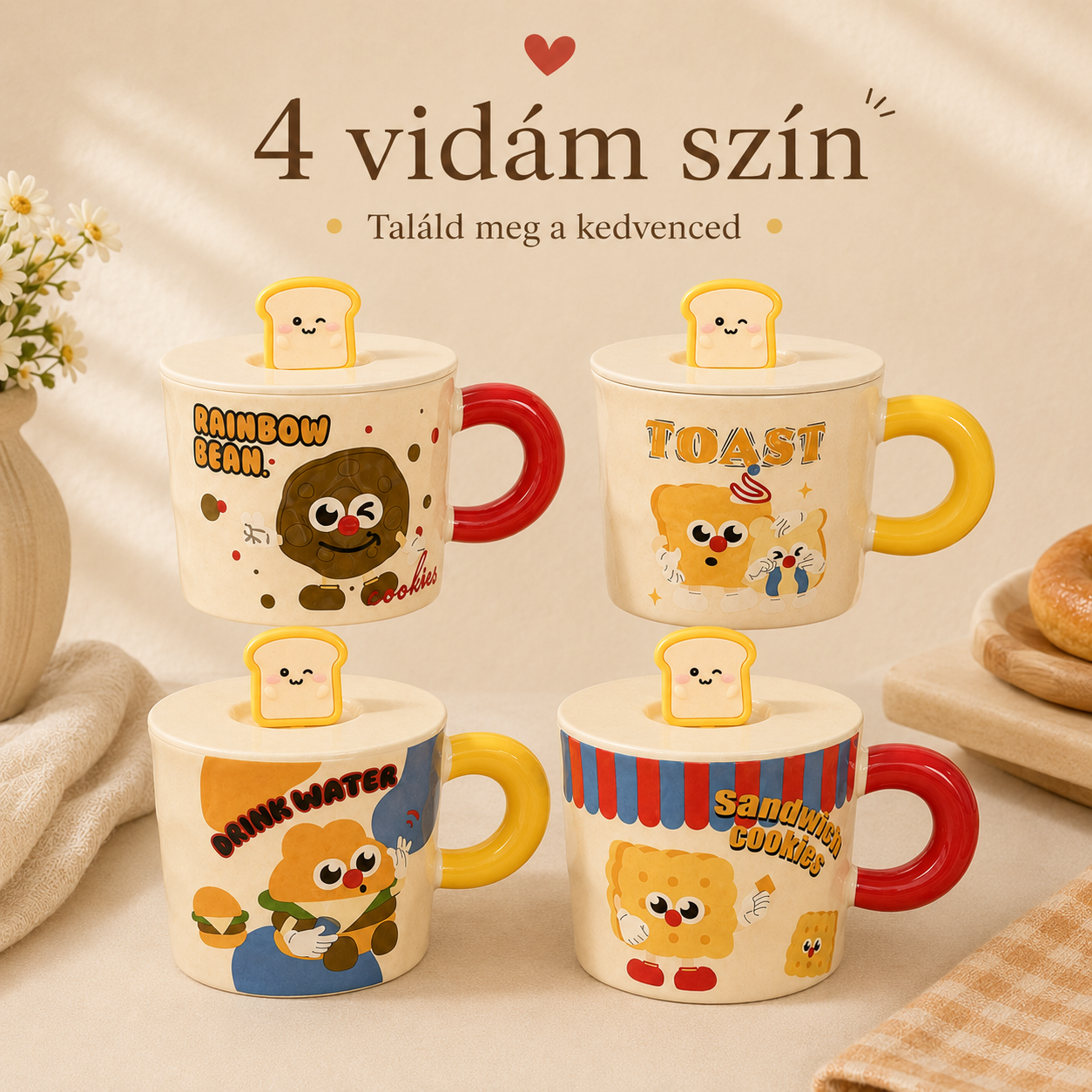 Aranyos rajzfilmfigura kerámia bögre tetővel, értékes irodai kulacs lányoknak, praktikus születésnapi ajándék.