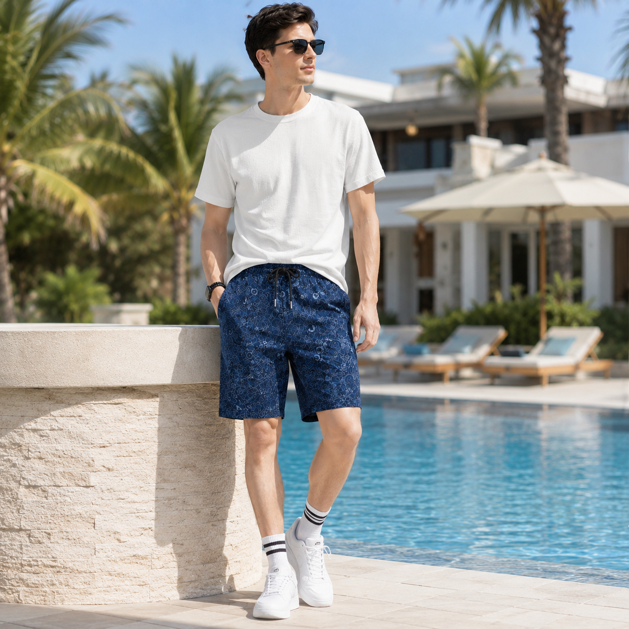 Nyári férfi divatos, sokoldalú, bő szabású, laza, lélegző rövidnadrág, trendi jacquard, lezser, kényelmes capri nadrág