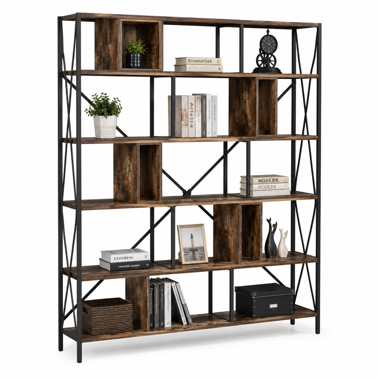 Regal Loft z Geometrycznymi Polkami – Brazowy