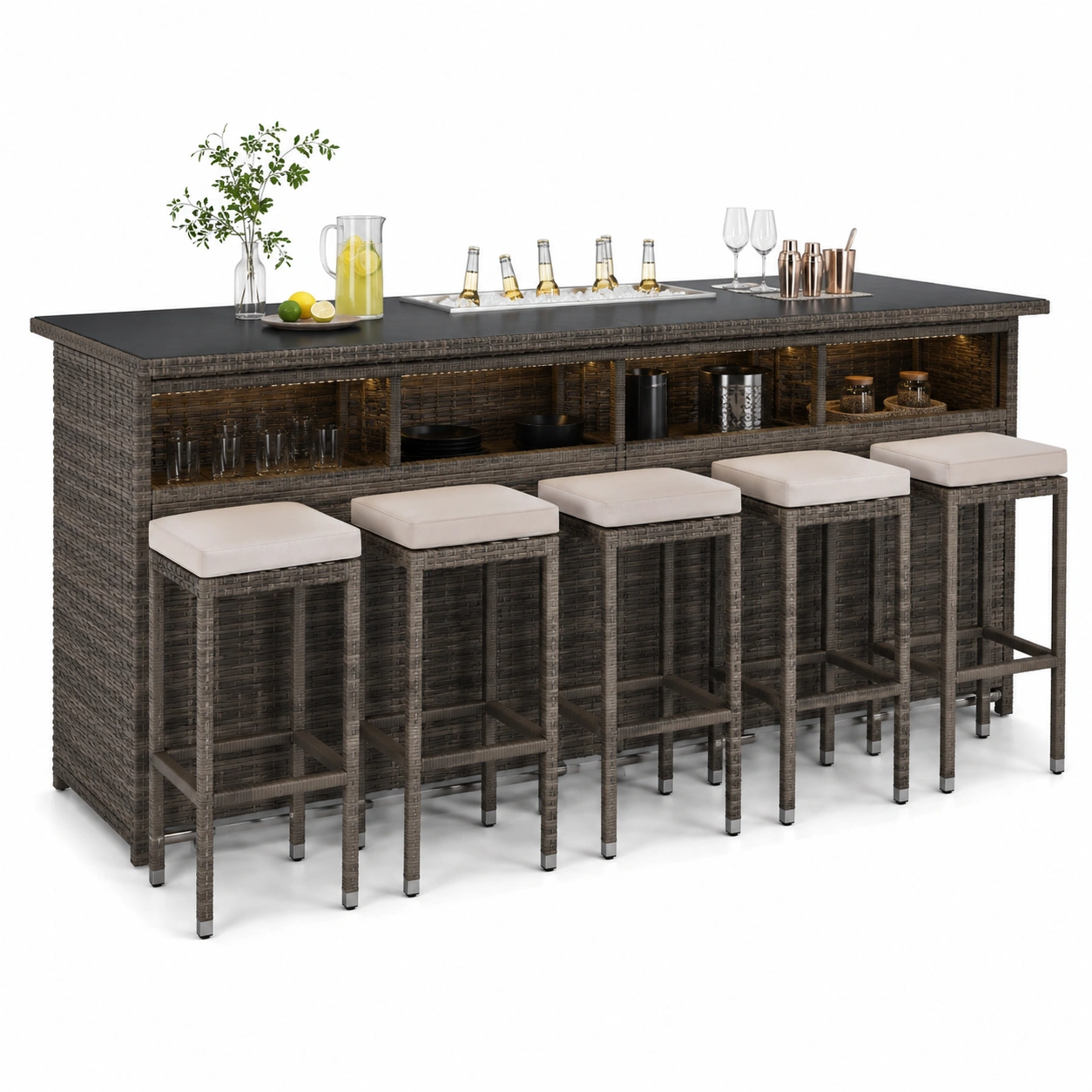 Bar rattanowy premium z hokerami – Brazowy