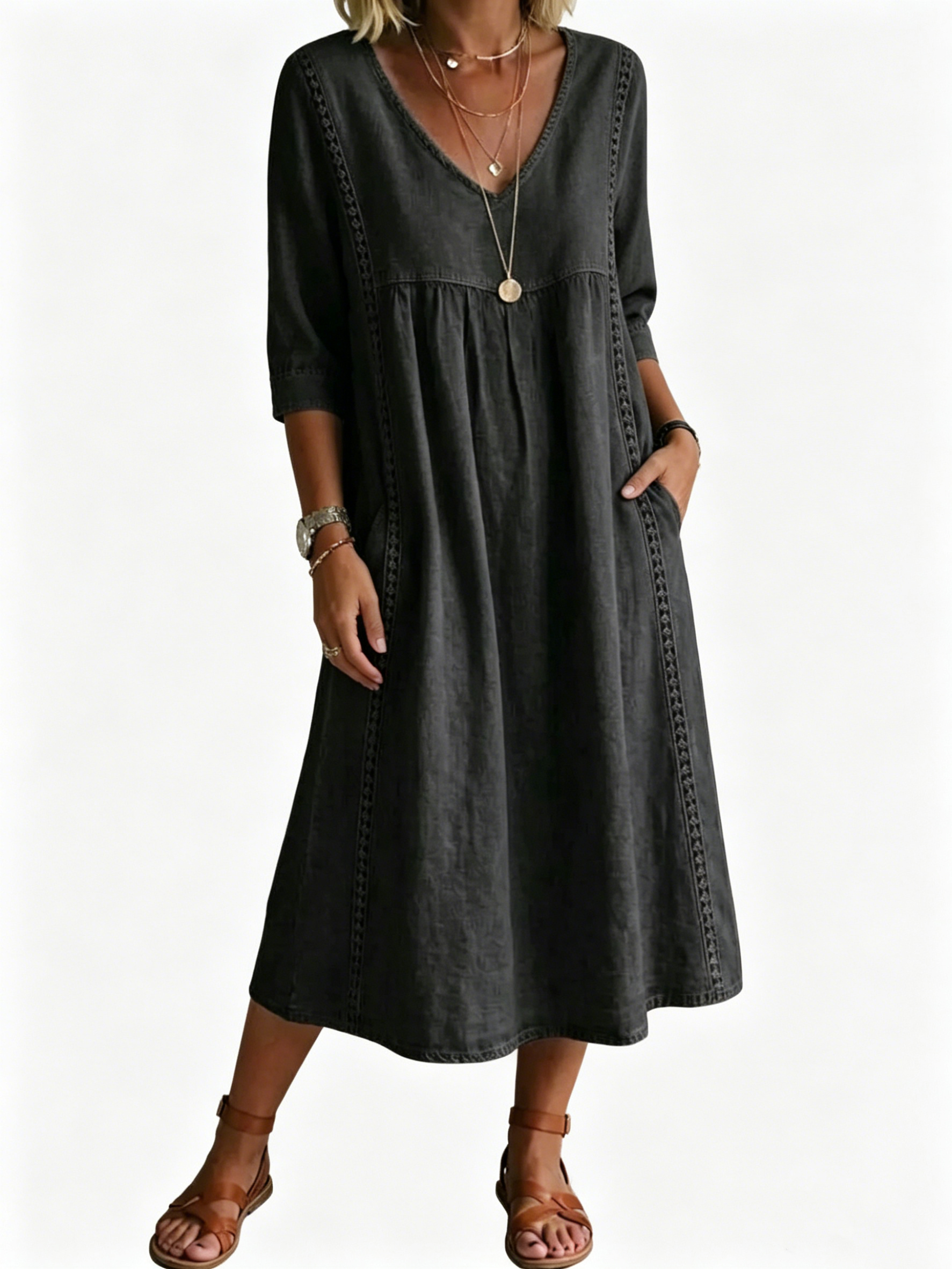 Women's Casual Loose-fitting Patchwork Lace Trim Linen And Cotton Dress