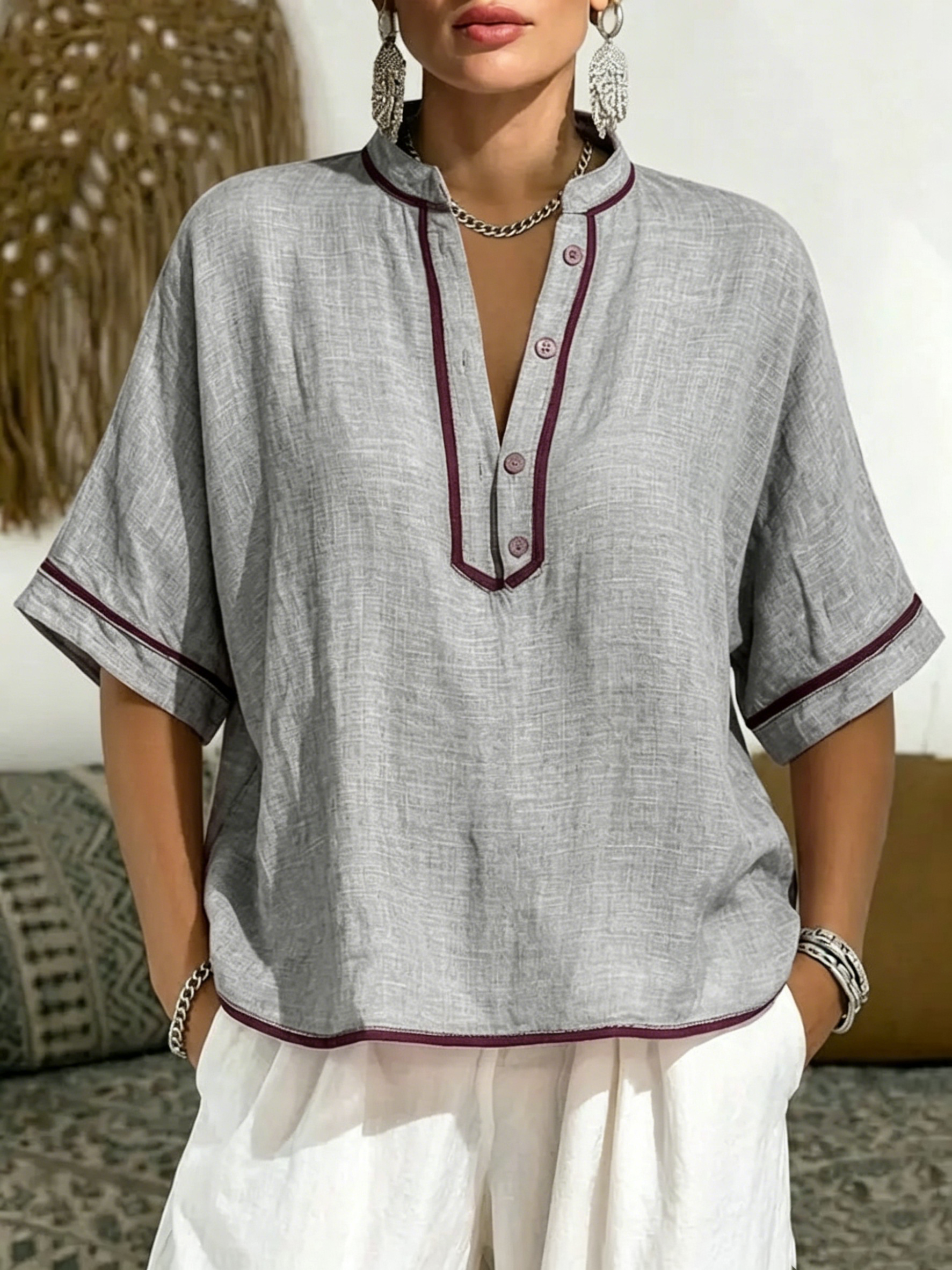 Women's Casual Linen Blend V-Neck Tunic Top – Relaxed Fit Short Sleeve Blouse