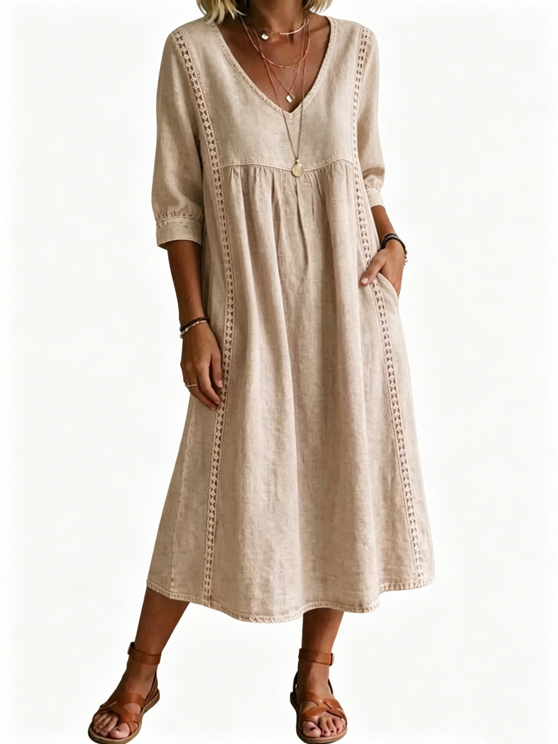 Women's Casual Loose-fitting Patchwork Lace Trim Linen And Cotton Dress