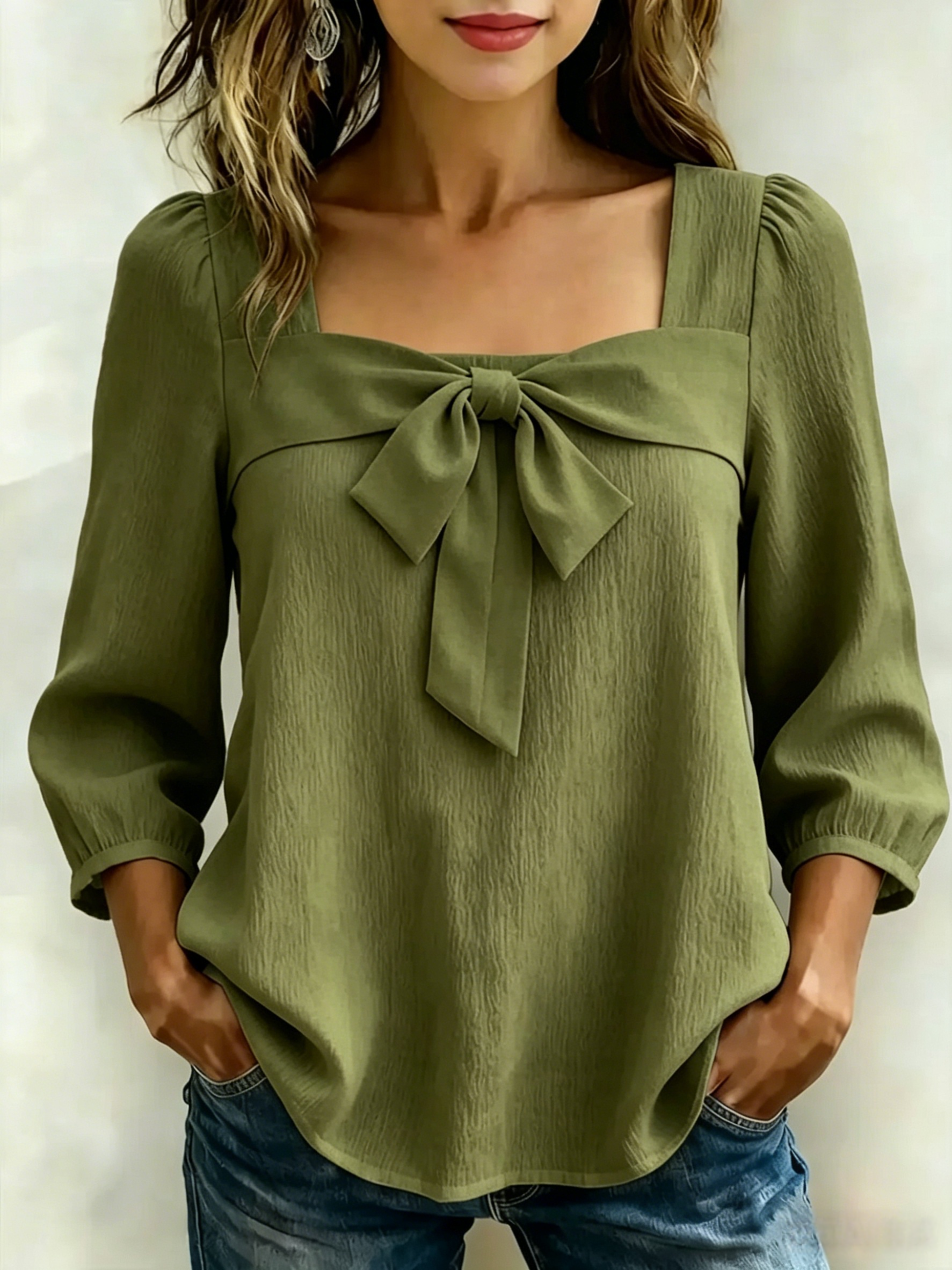Elegant Bow Tie Square Neck Blouse for Women