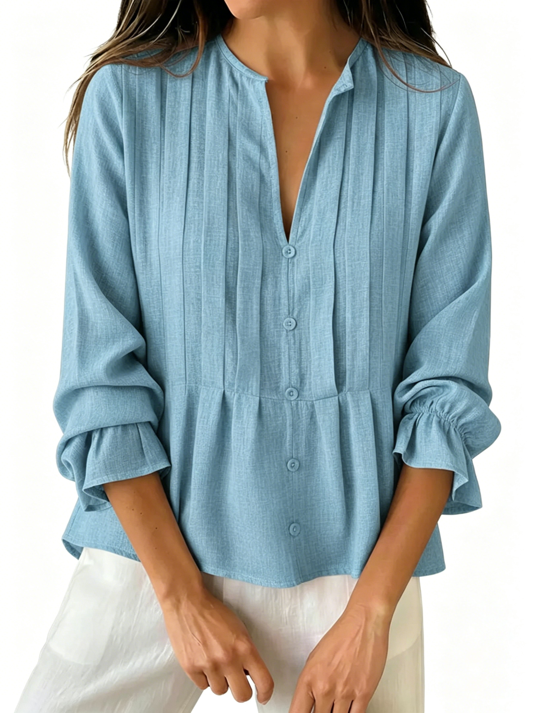 Women's Pleated V-Neck Peplum Blouse - Long Sleeve Ruffled Cuff Casual Shirt