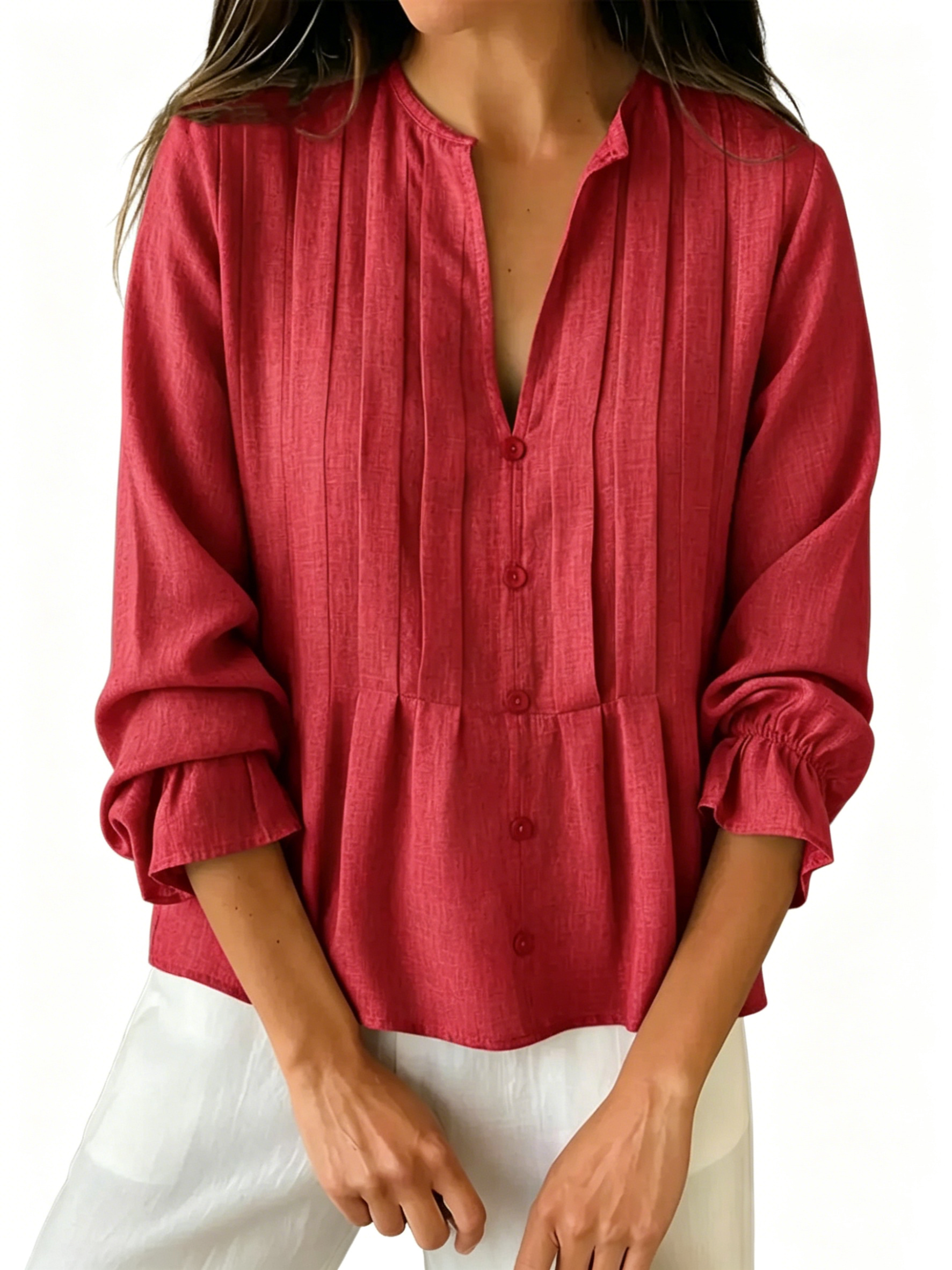Women's Pleated V-Neck Peplum Blouse - Long Sleeve Ruffled Cuff Casual Shirt