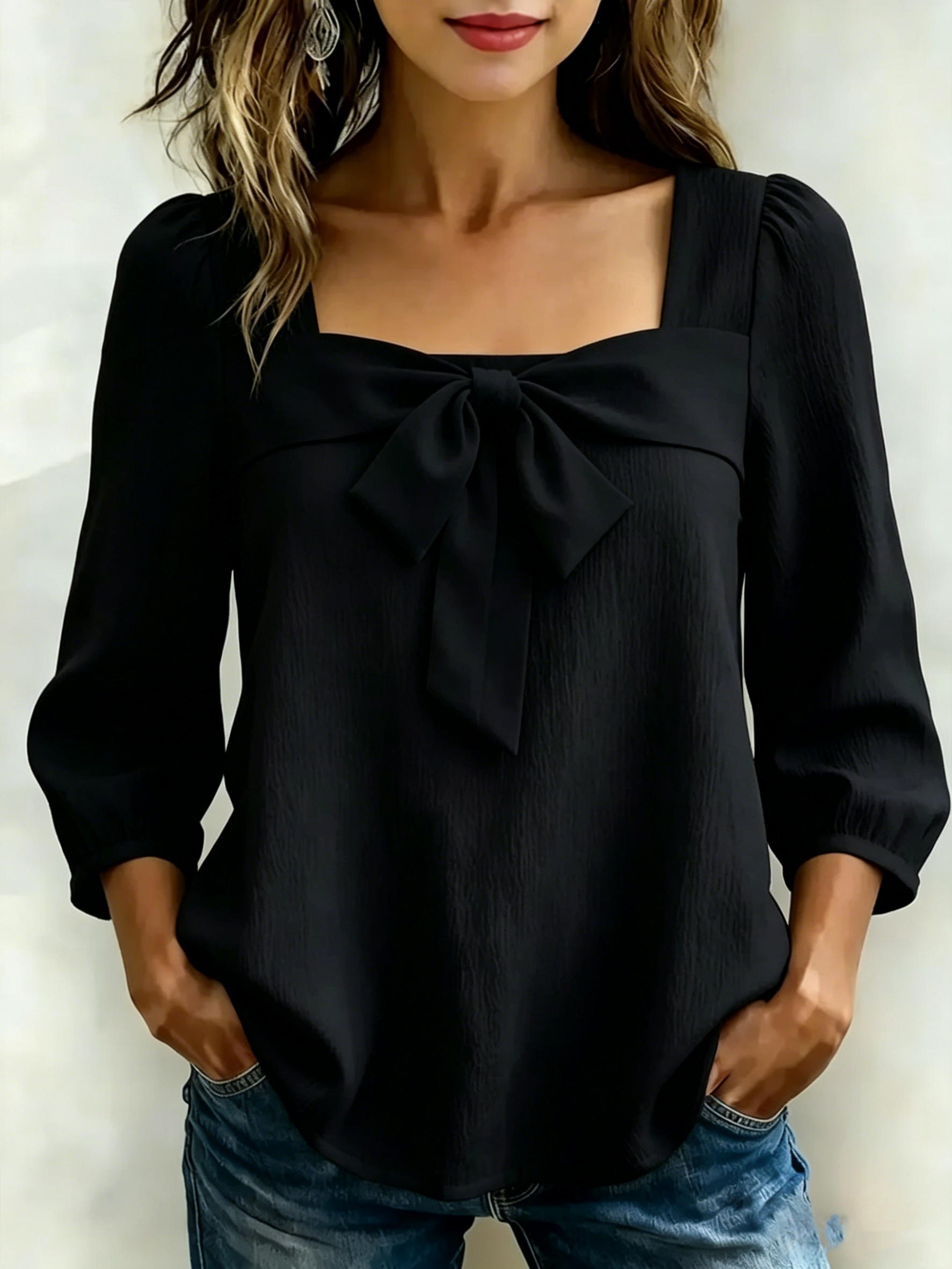 Elegant Bow Tie Square Neck Blouse for Women