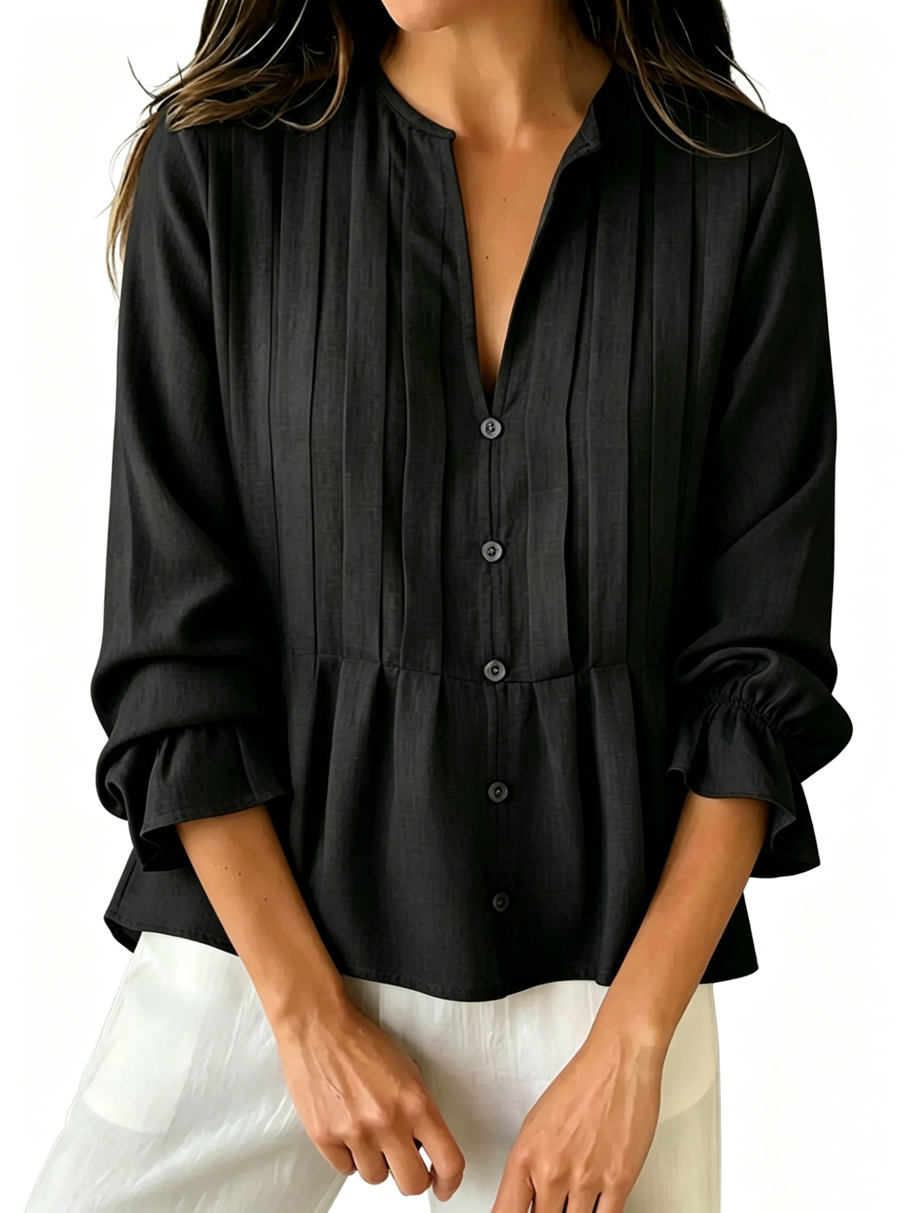 Women's Pleated V-Neck Peplum Blouse - Long Sleeve Ruffled Cuff Casual Shirt