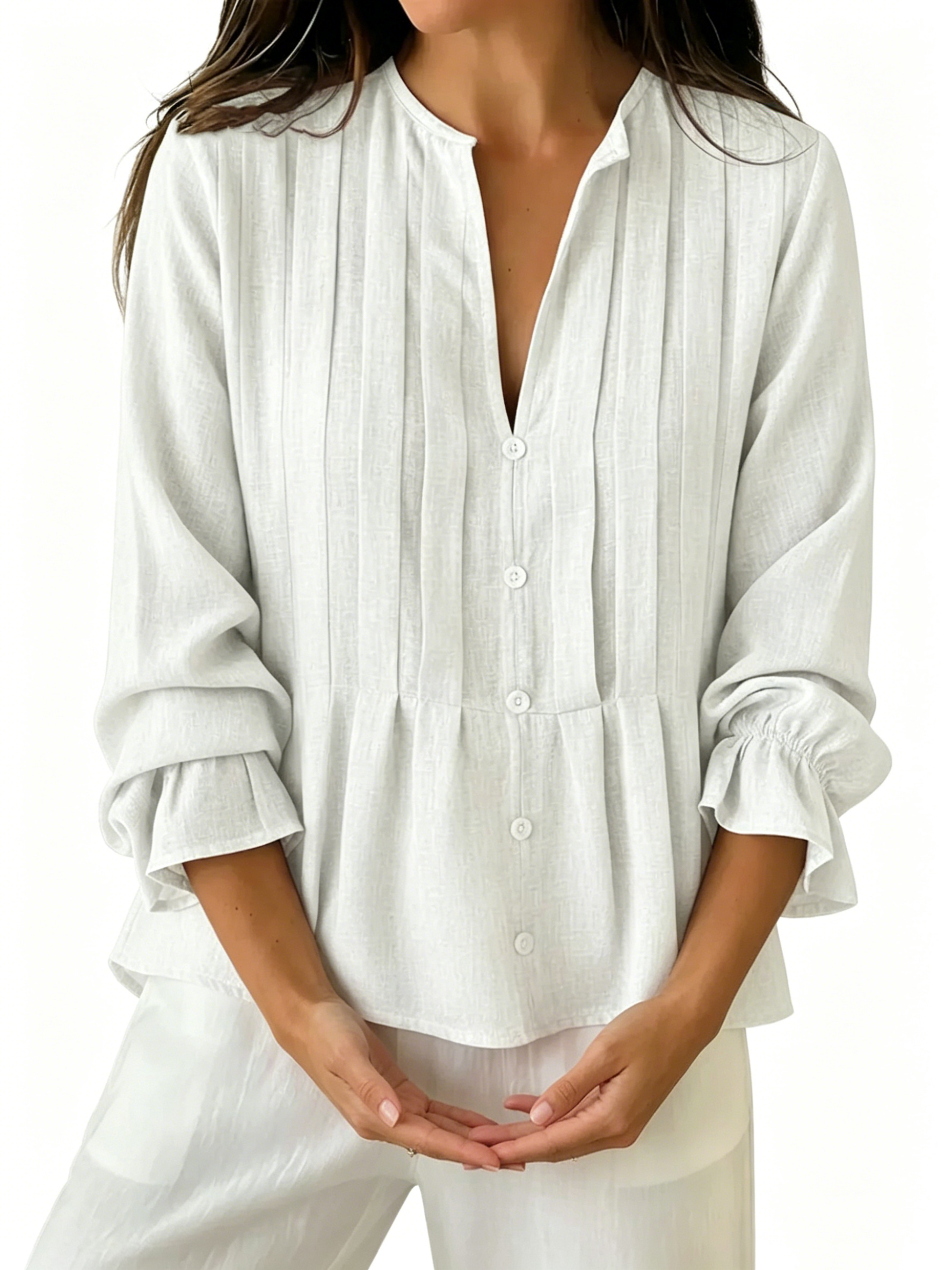 Women's Pleated V-Neck Peplum Blouse - Long Sleeve Ruffled Cuff Casual Shirt