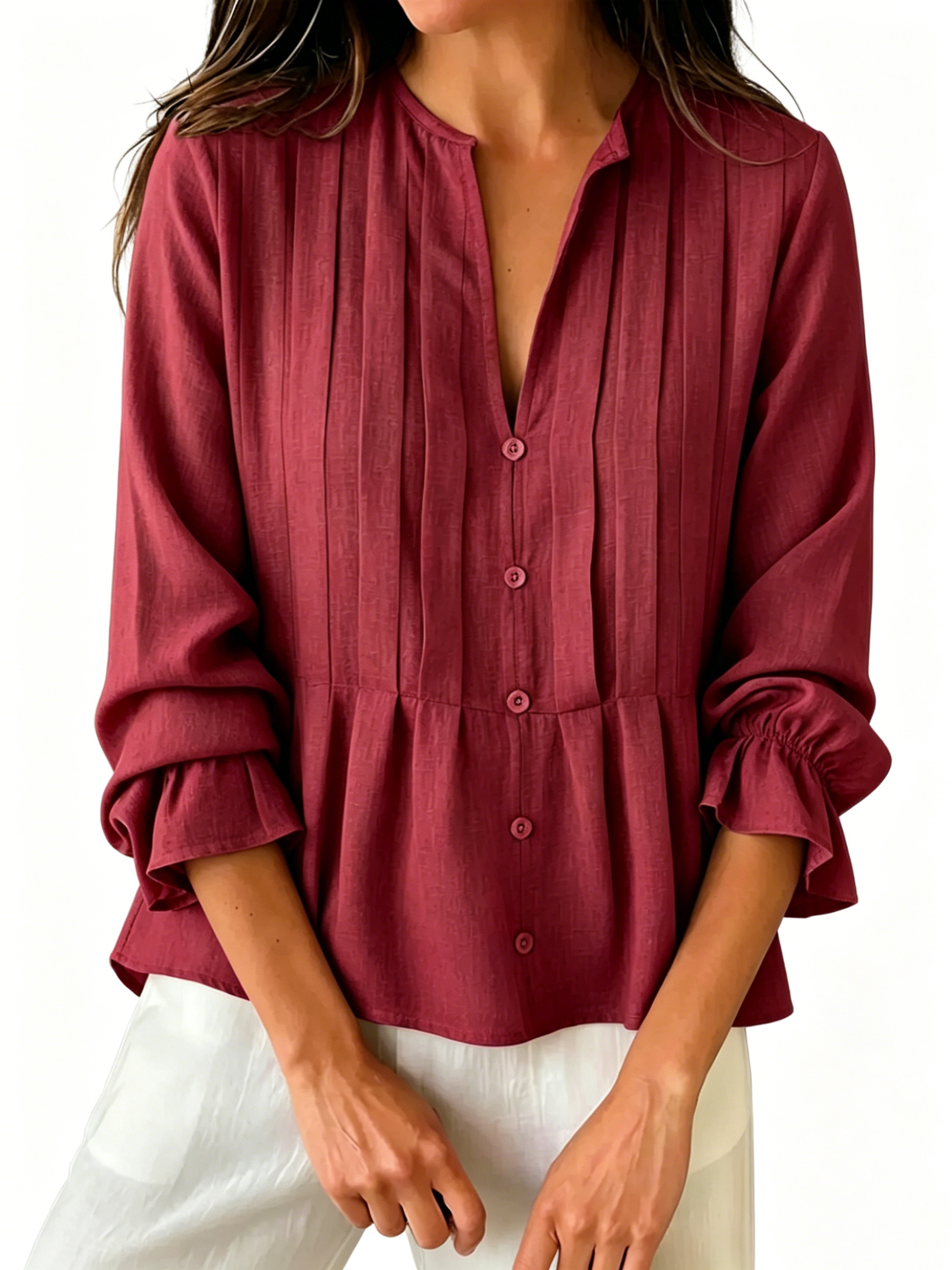 Women's Pleated V-Neck Peplum Blouse - Long Sleeve Ruffled Cuff Casual Shirt