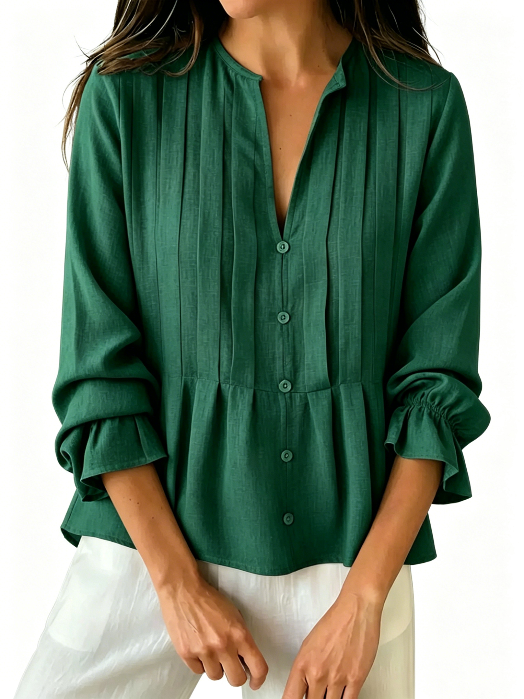 Women's Pleated V-Neck Peplum Blouse - Long Sleeve Ruffled Cuff Casual Shirt