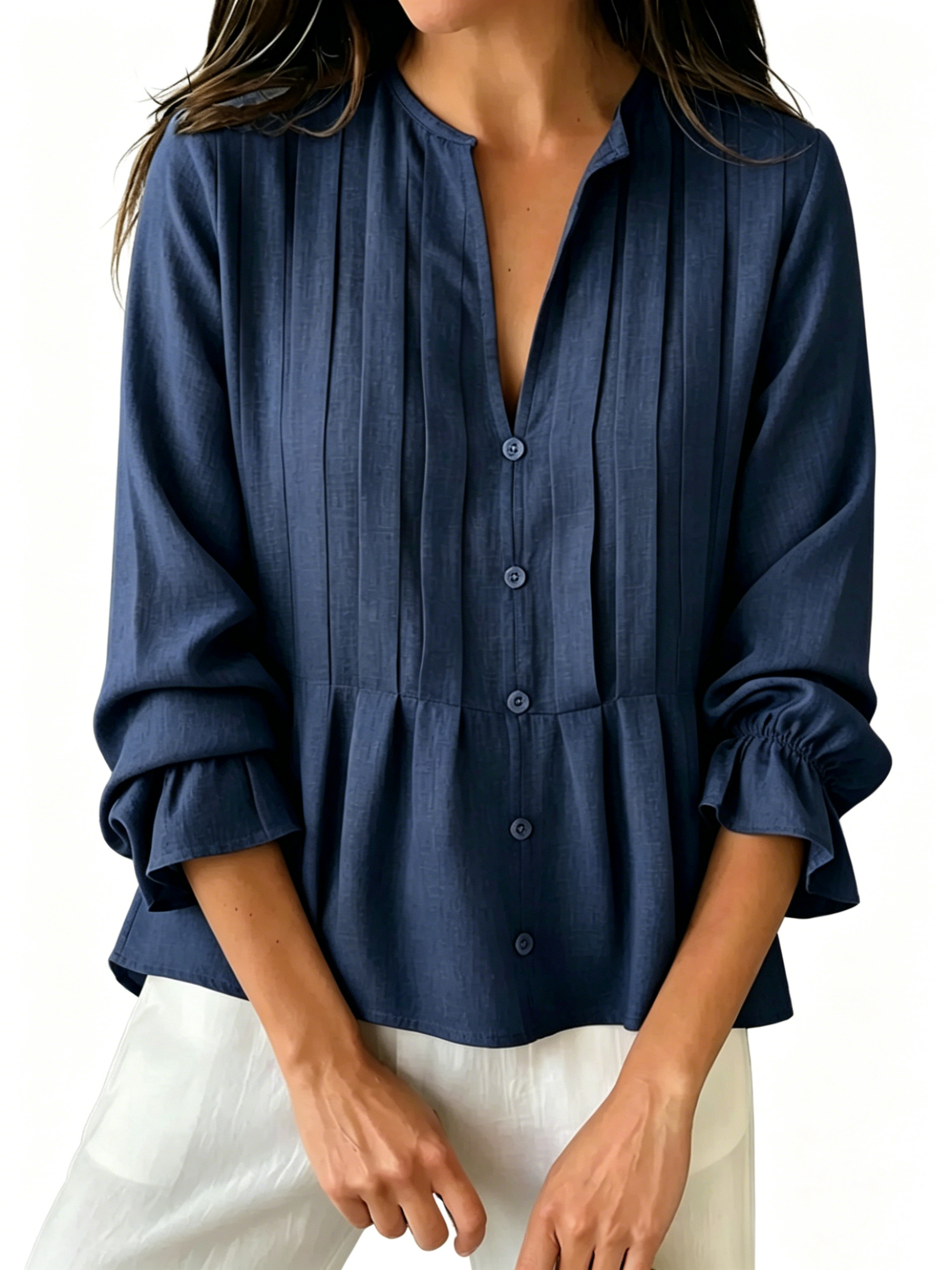 Women's Pleated V-Neck Peplum Blouse - Long Sleeve Ruffled Cuff Casual Shirt