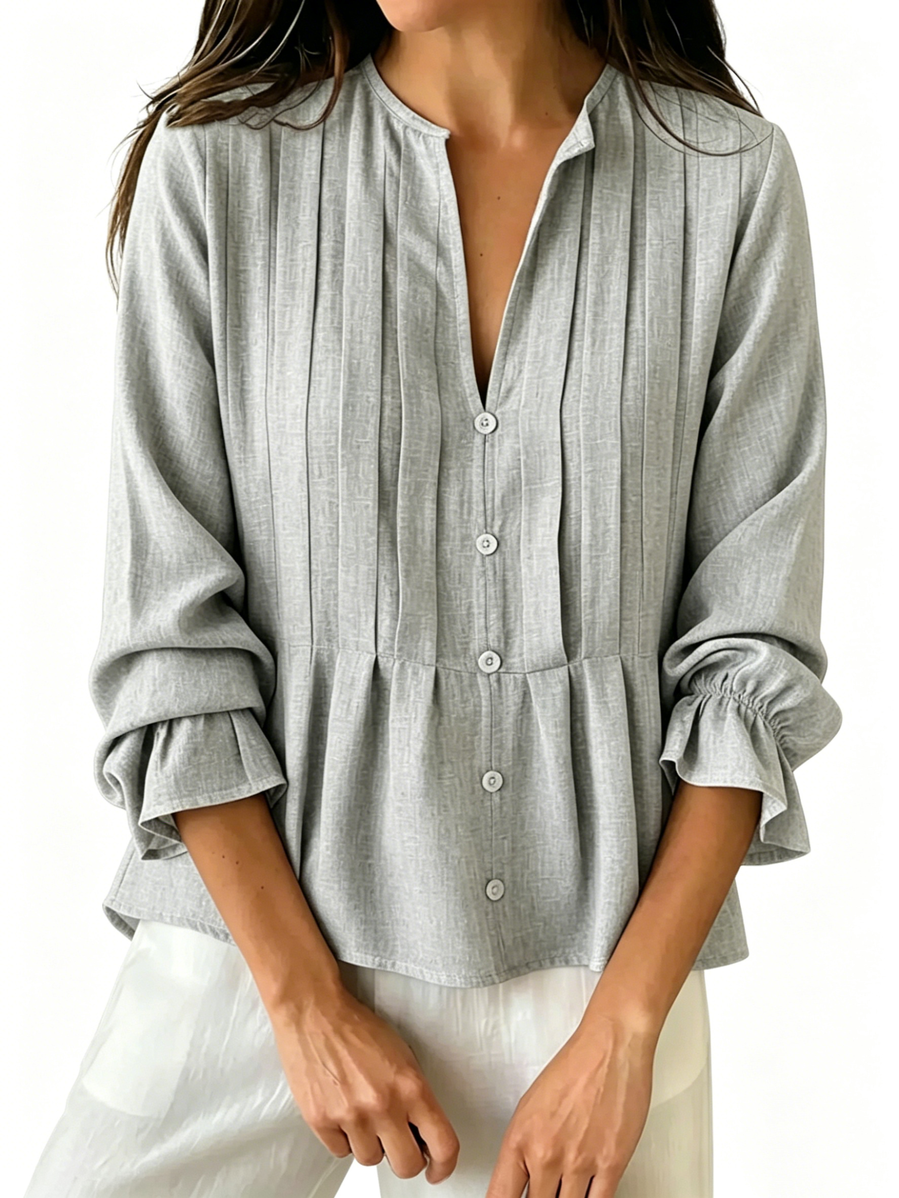Women's Pleated V-Neck Peplum Blouse - Long Sleeve Ruffled Cuff Casual Shirt