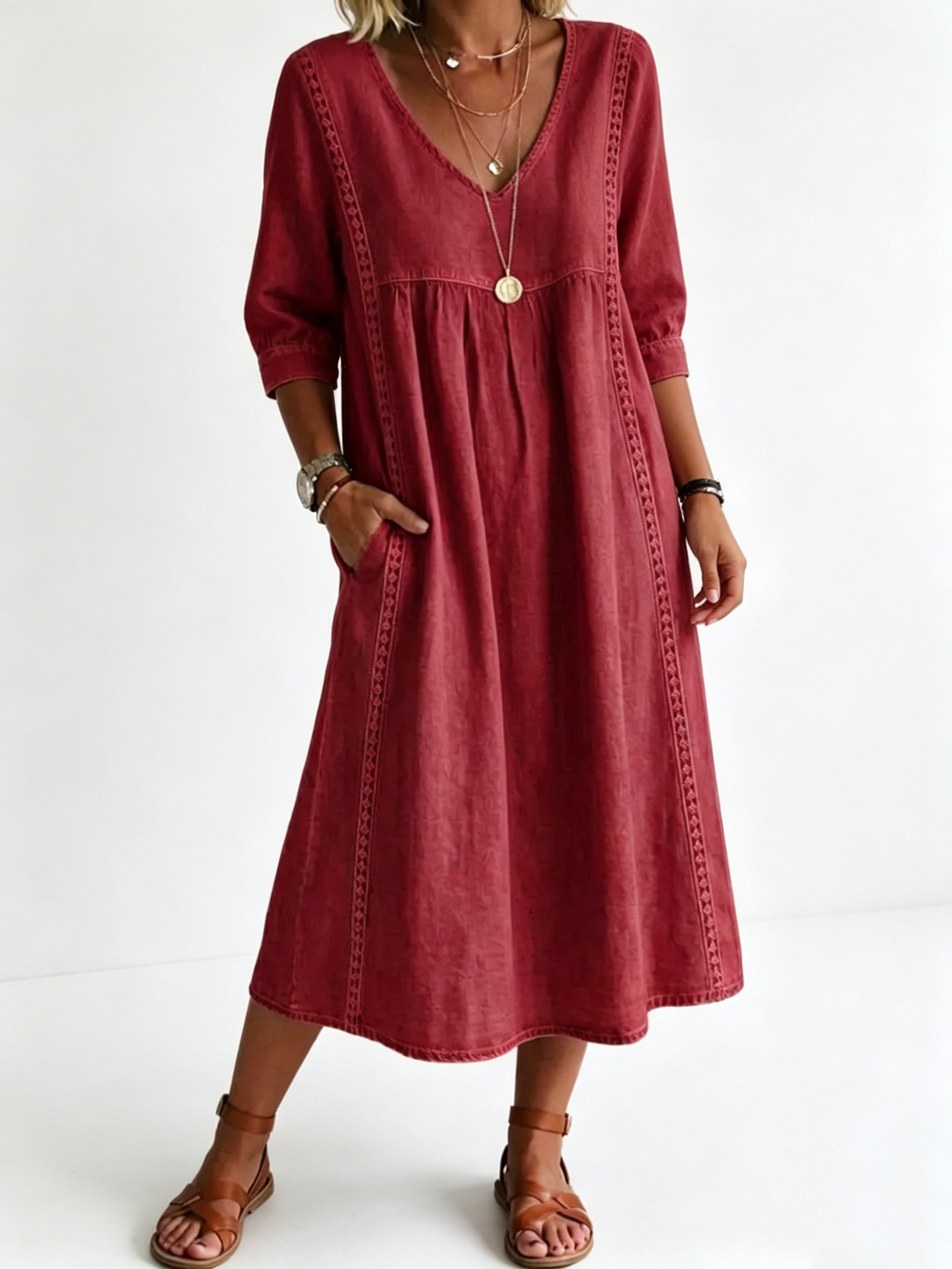 Women's Casual Loose-fitting Patchwork Lace Trim Linen And Cotton Dress