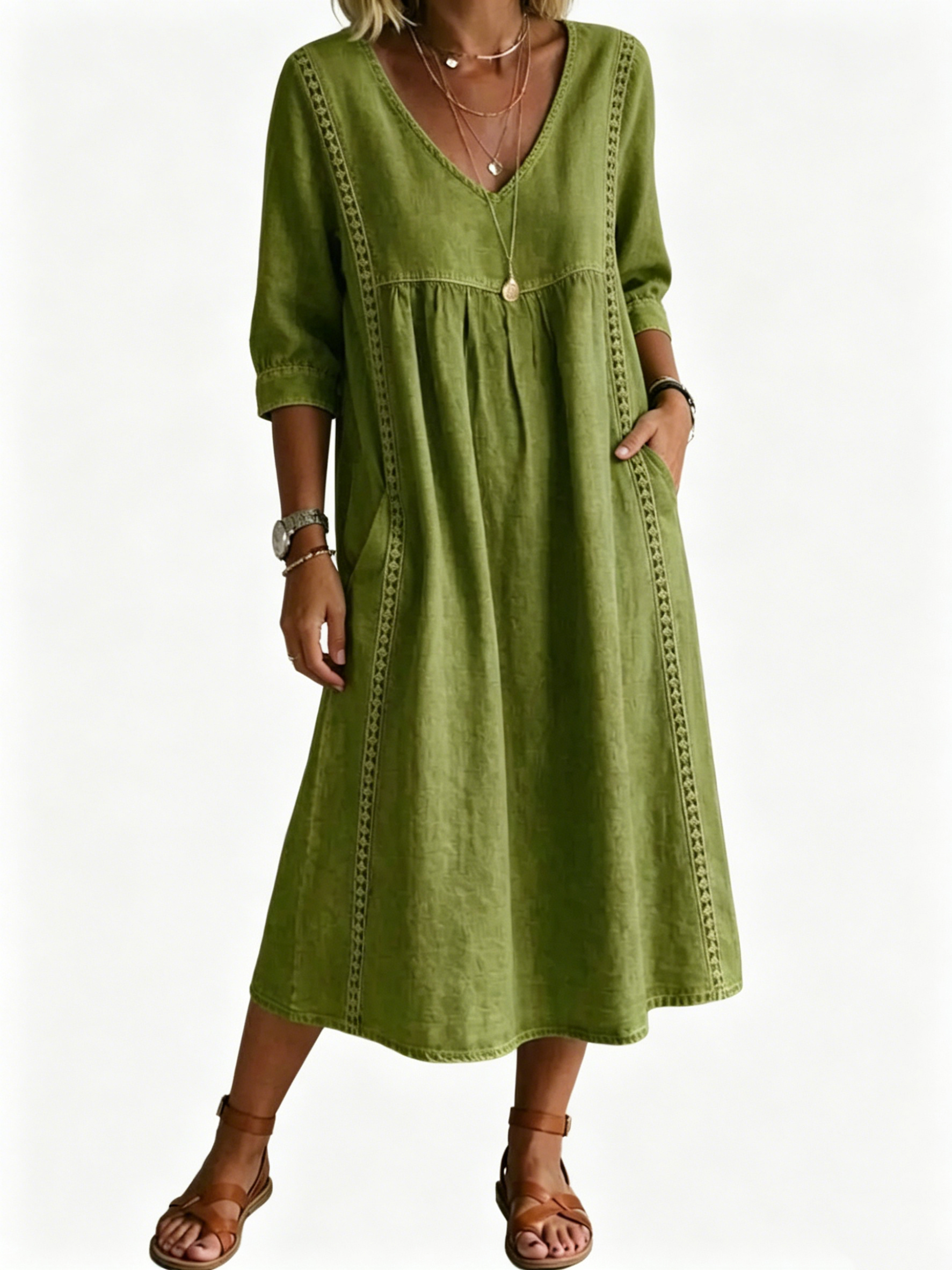 Women's Casual Loose-fitting Patchwork Lace Trim Linen And Cotton Dress