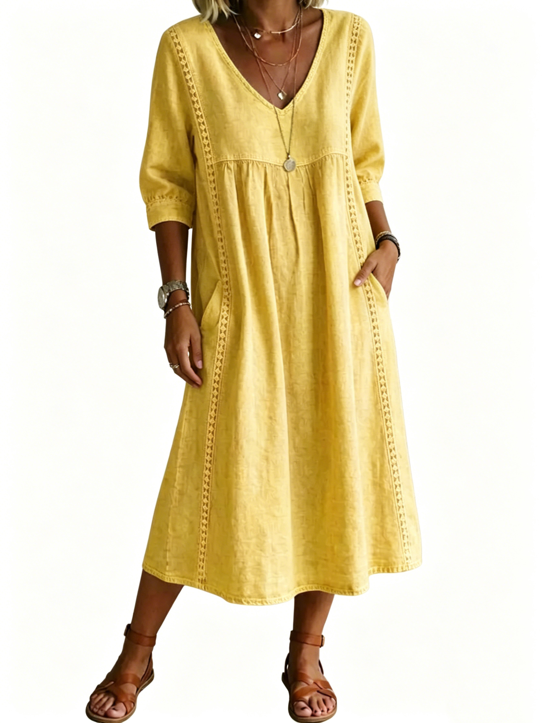 Women's Casual Loose-fitting Patchwork Lace Trim Linen And Cotton Dress