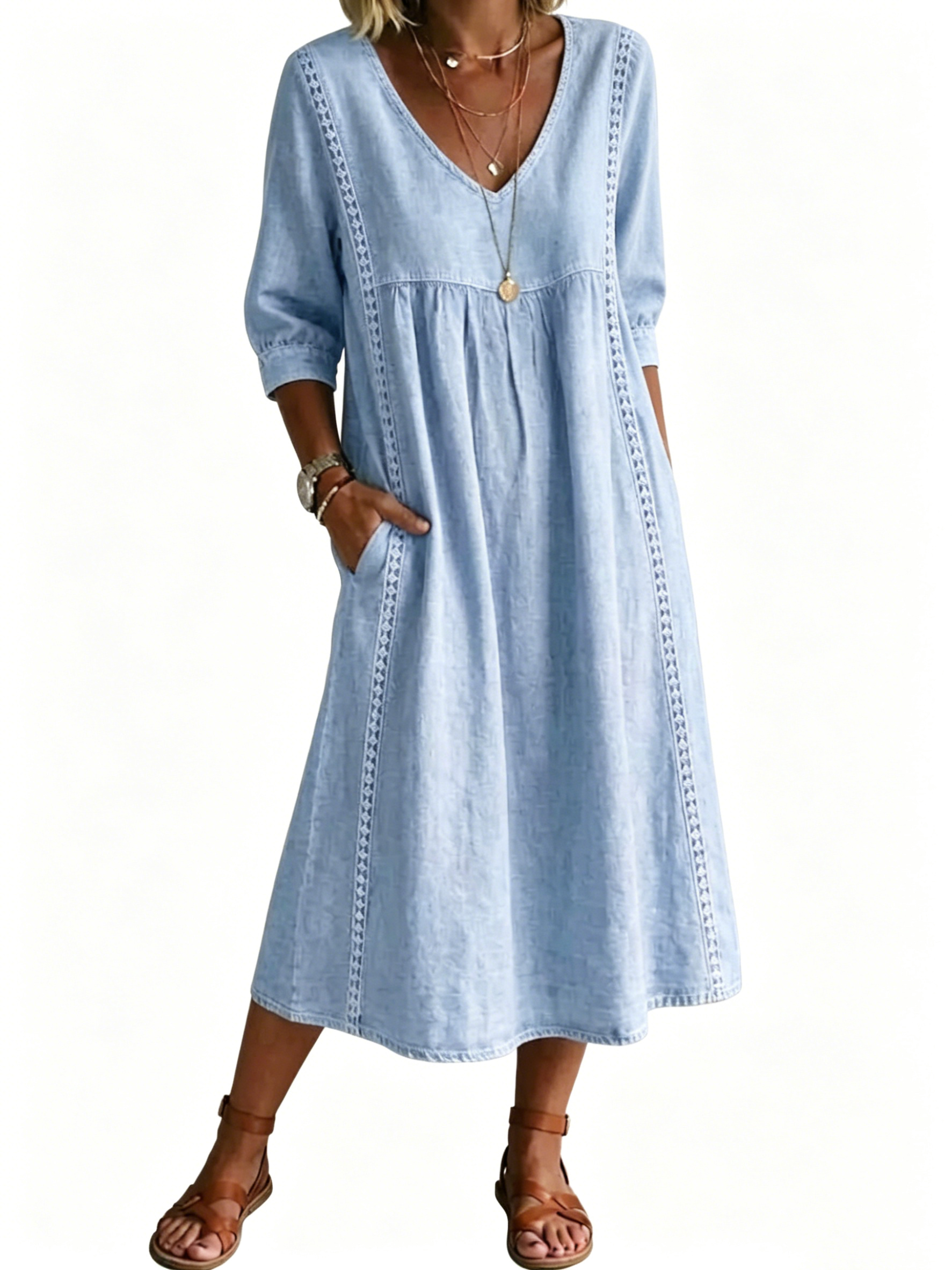 Women's Casual Loose-fitting Patchwork Lace Trim Linen And Cotton Dress