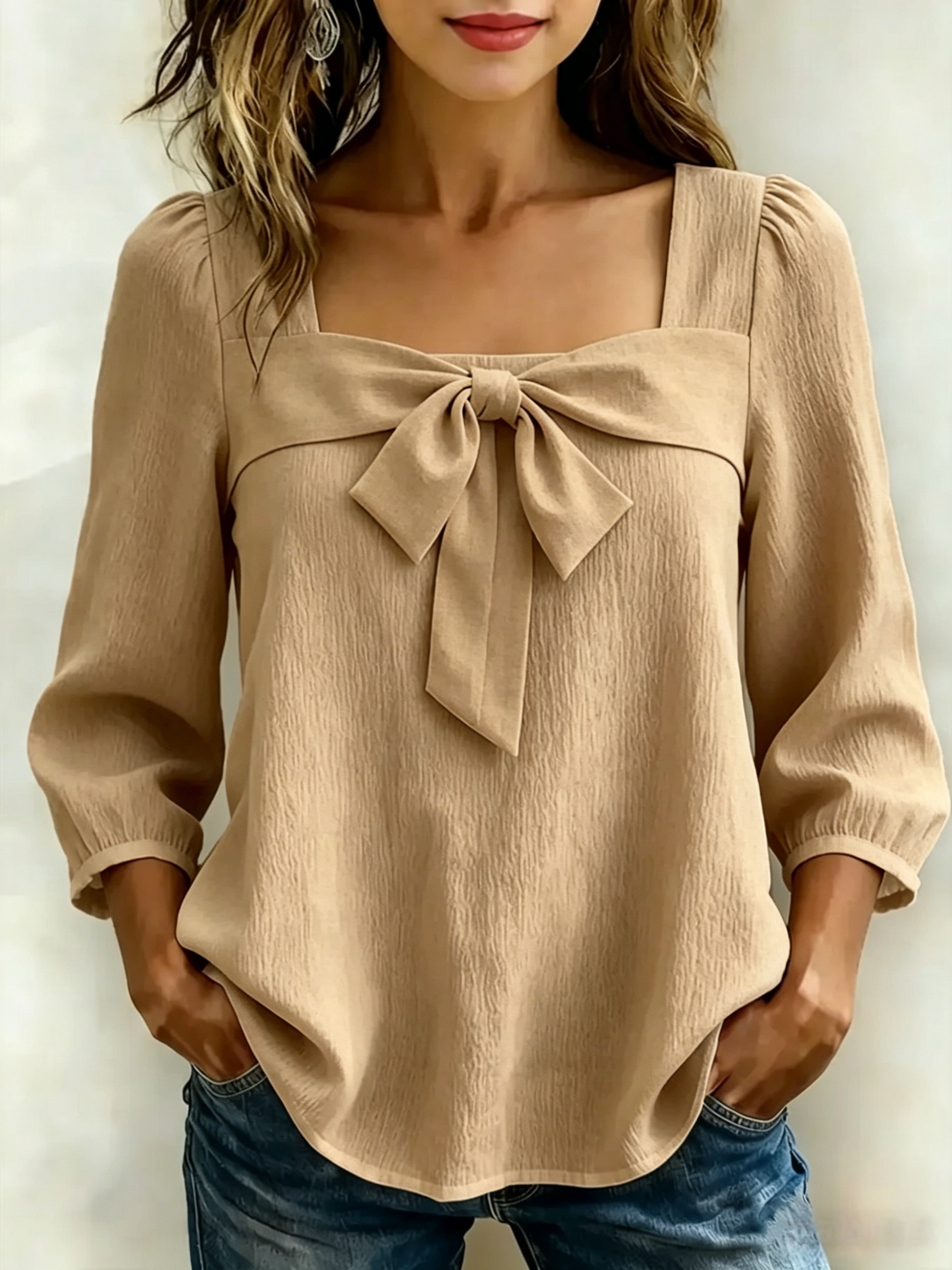 Elegant Bow Tie Square Neck Blouse for Women