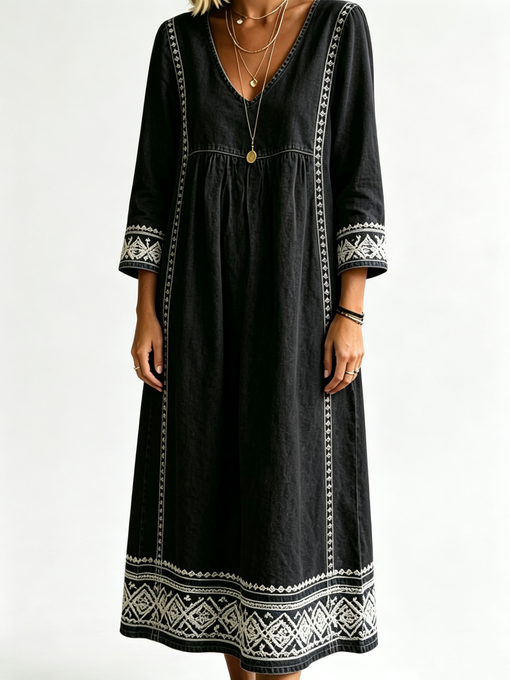 Women’s Boho Embroidered V‑Neck Midi Dress