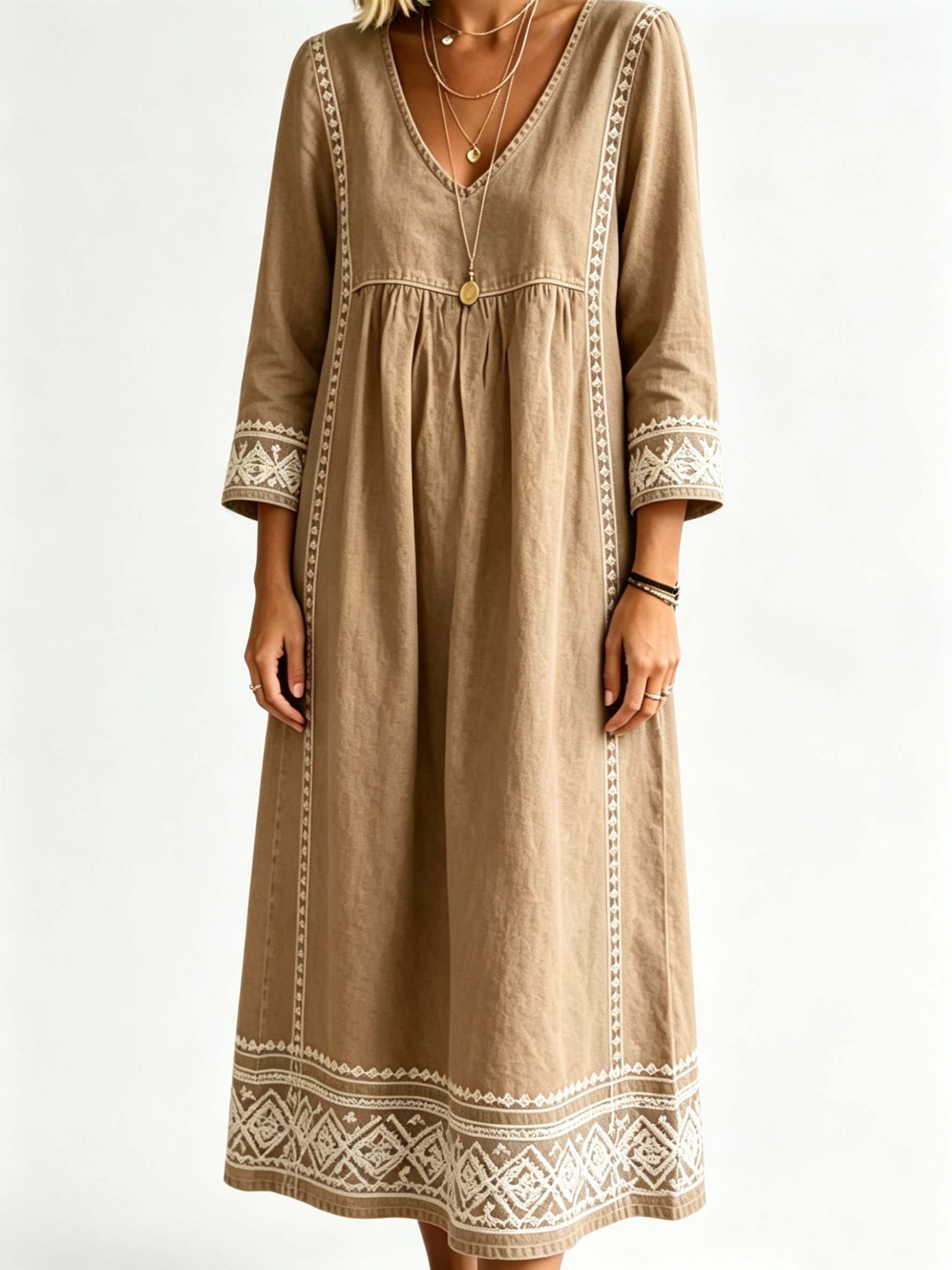 Women’s Boho Embroidered V‑Neck Midi Dress