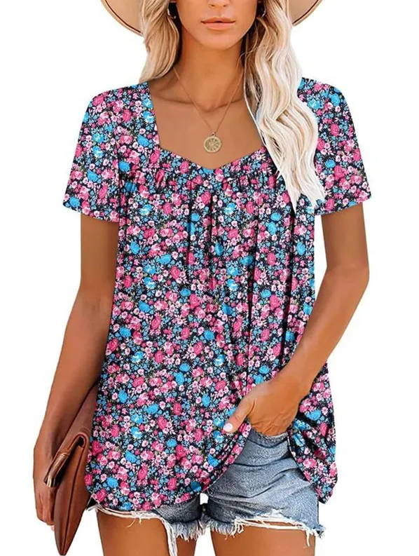 Women's Summer Pleated Printed Short-Sleeves