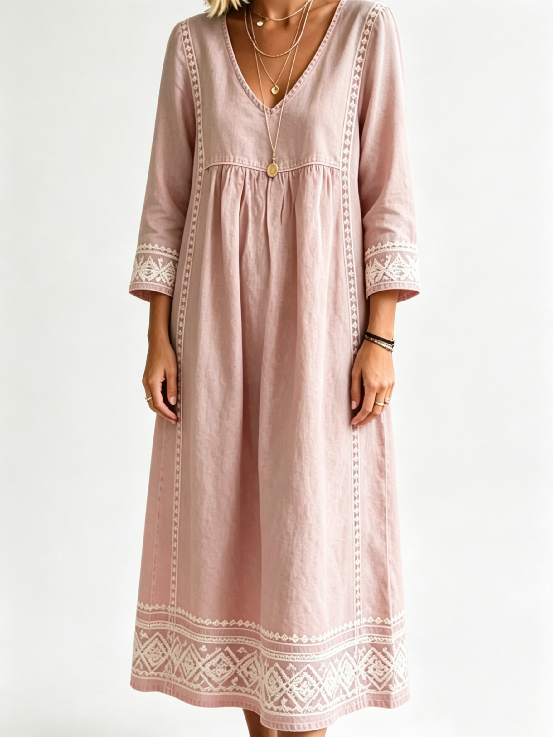 Women’s Boho Embroidered V‑Neck Midi Dress
