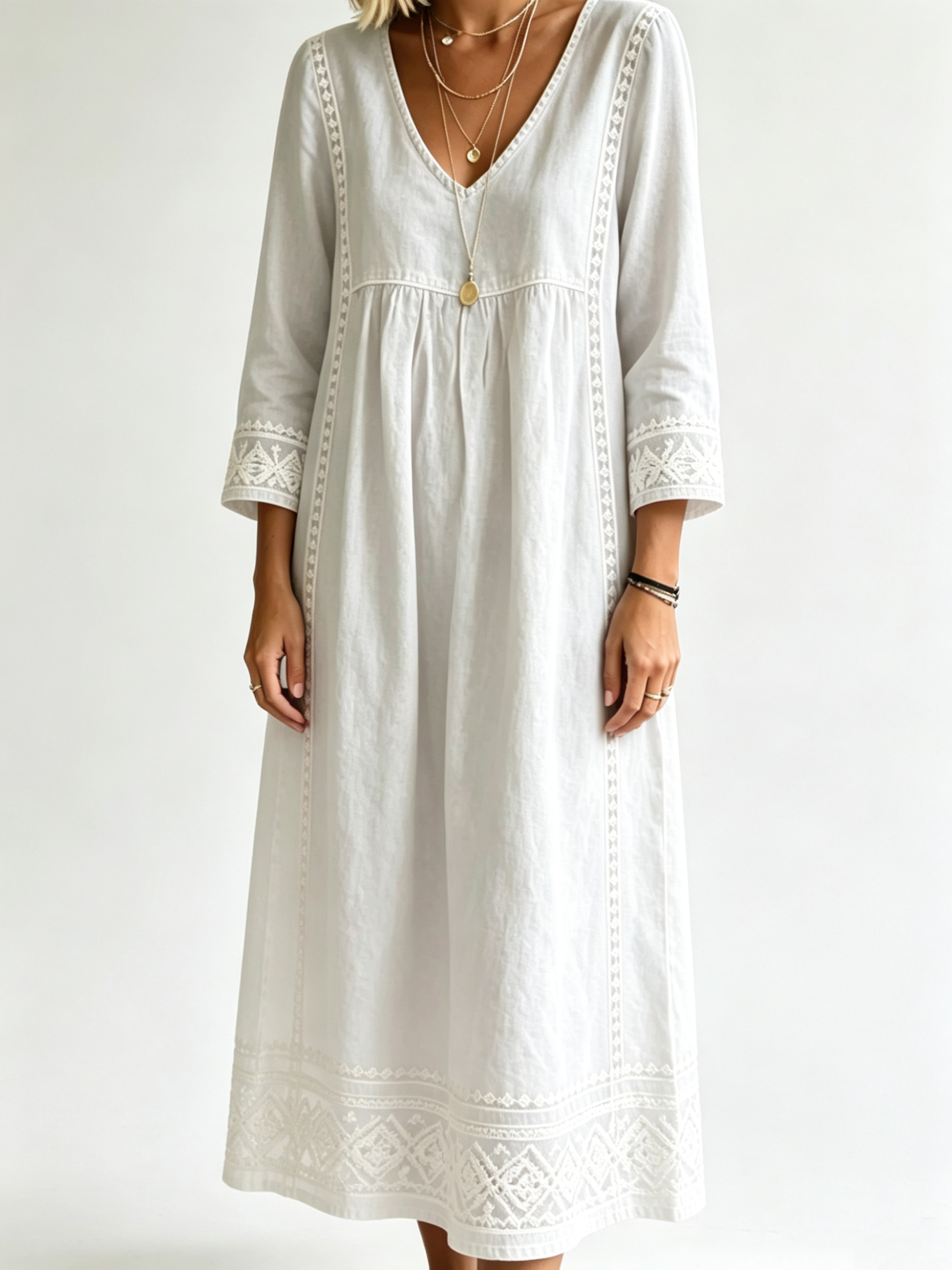Women’s Boho Embroidered V‑Neck Midi Dress