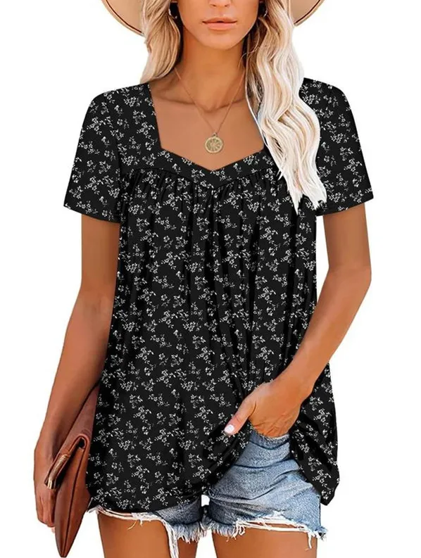 Women's Summer Pleated Printed Short-Sleeves