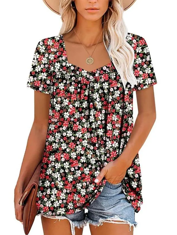 Women's Summer Pleated Printed Short-Sleeves