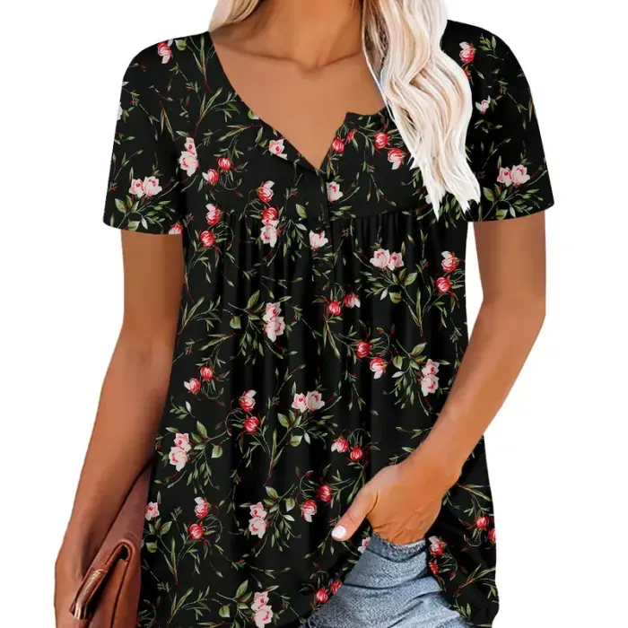 Women's Summer Pleated Printed Short-Sleeves