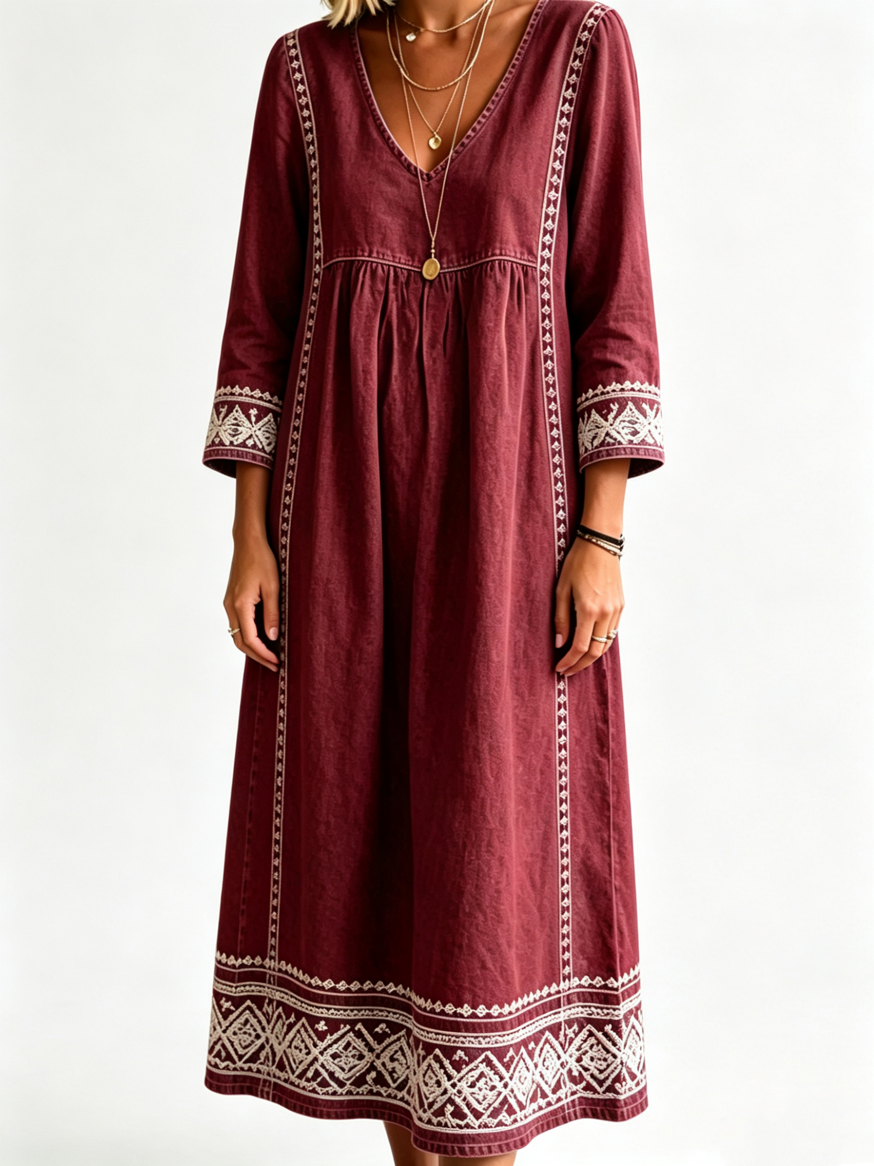Women’s Boho Embroidered V‑Neck Midi Dress